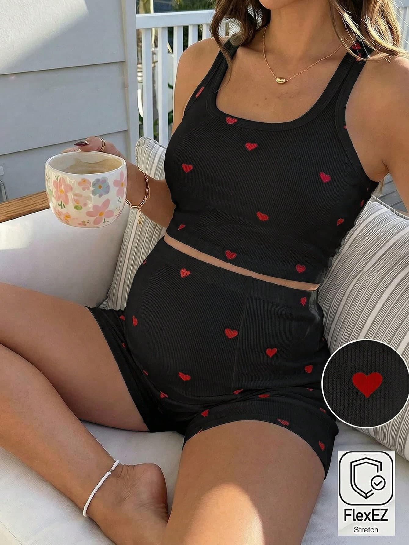 SHEIN Maternity U-Neck Sleeveless Wide Strap Fitted Heart Print 2 Pieces Set, Summer World Cup