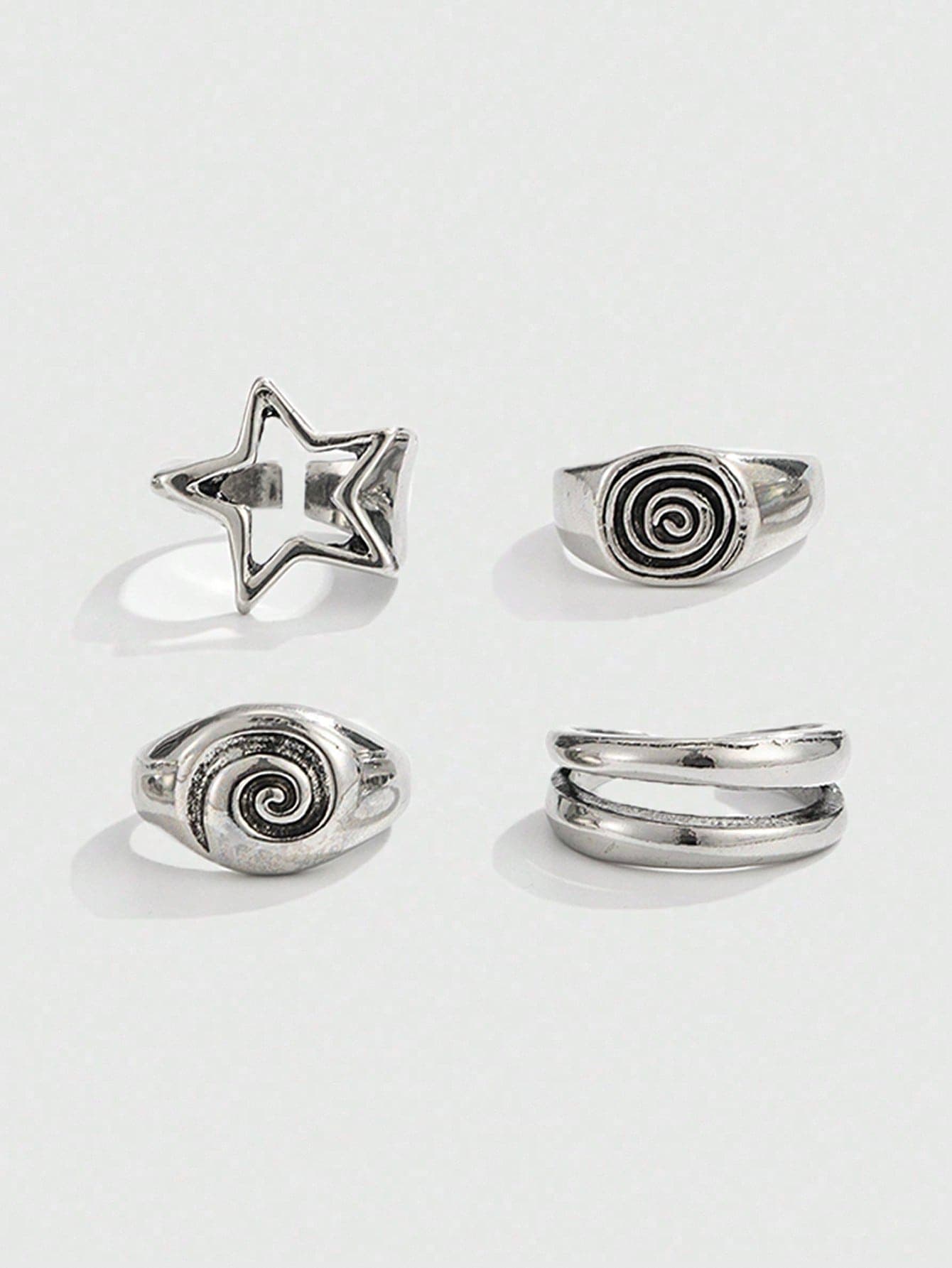 ROMWE 4 Pieces Of Personalized Simple Spiral Star Ring, Fashionable Punk Geometric Joint Ring, Women's Daily Party Wear, Unisex, Holiday Gift