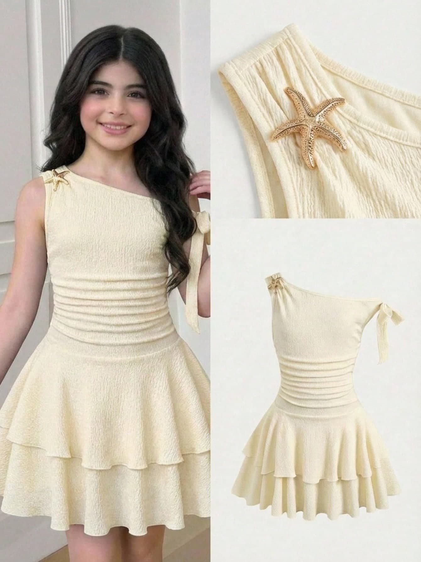 SHEIN Tween Girl White Summer Elegant Tropical Vacation Holiday Asymmetrical Shoulder Ruched Cake Dress,Metal Starfish Decor Princess Style Party Outfit