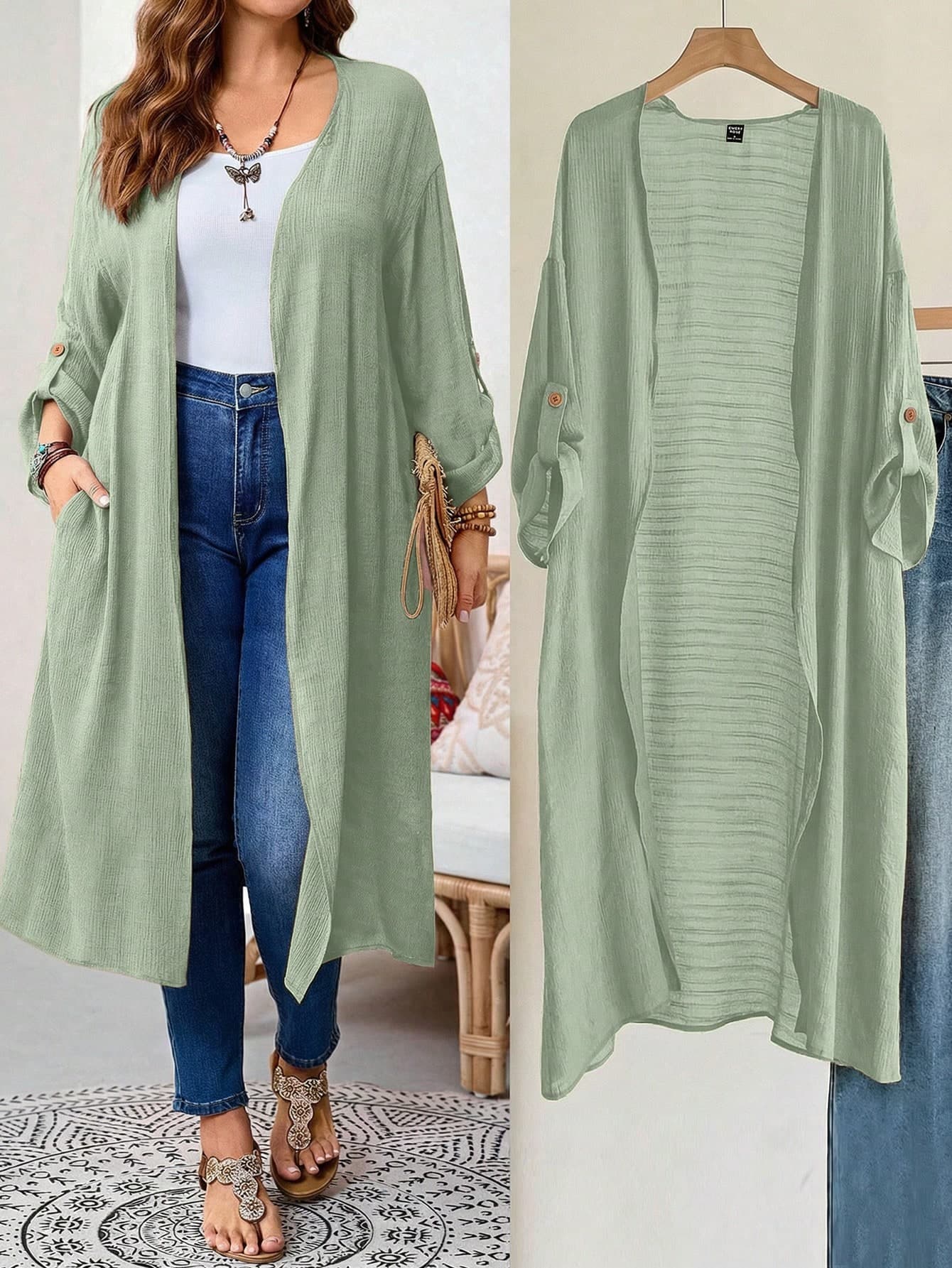 EMERY ROSE Plus Size Women's Casual Solid Color Long Jacket Fall