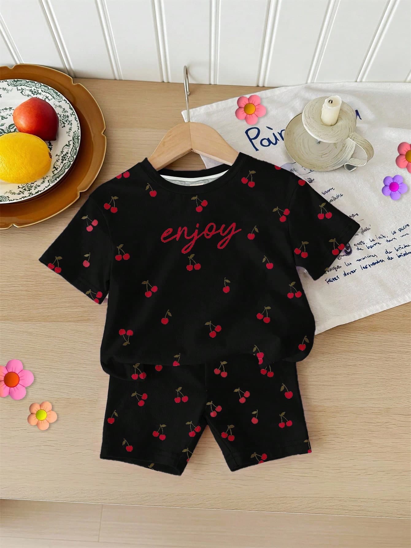 SHEIN LMoss Kids Baby Girl Black Summer Casual Cute Vacation Outfit Set,Mini Cherry Letter Print Round Neck Short Sleeve T-Shirt And Skinny Bike Shorts,2Pcs Clothes