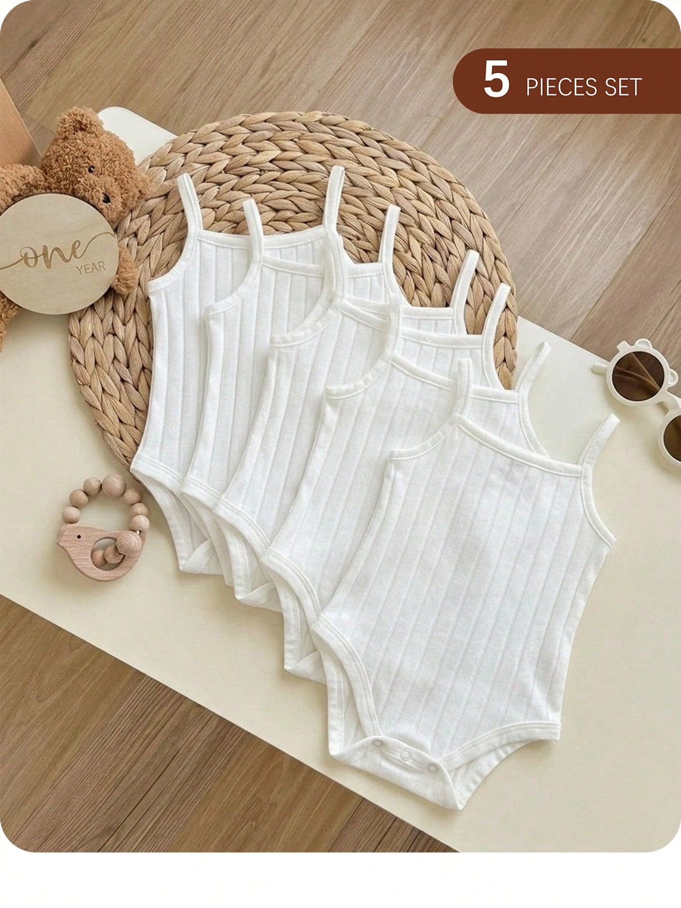 SHEIN 5-Piece Baby Boy Baby Girl Unisex Set:Knitted,Comfortable,Stretch,White Solid Color,Strappy,Open Crotch Bodysuit,Basic Work For Summer Clothes
