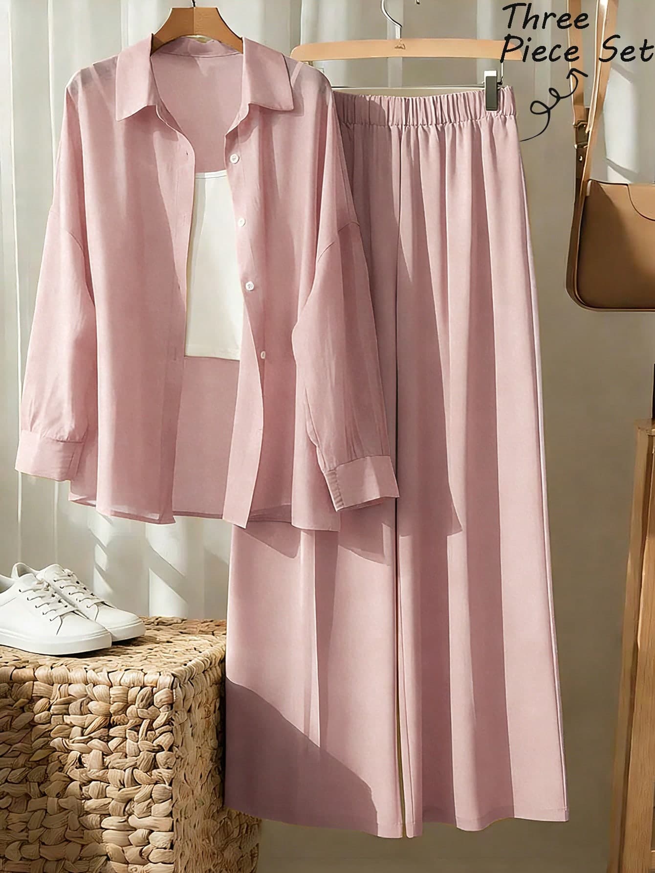 Franclia Women's 3 Pieces Set:Loose Sheer Long Sleeve Shirt,White Tight Camisole&Wide Leg Pants,Pink And White,Summer,Casual,Vacation,Holiday Fashion Outfits