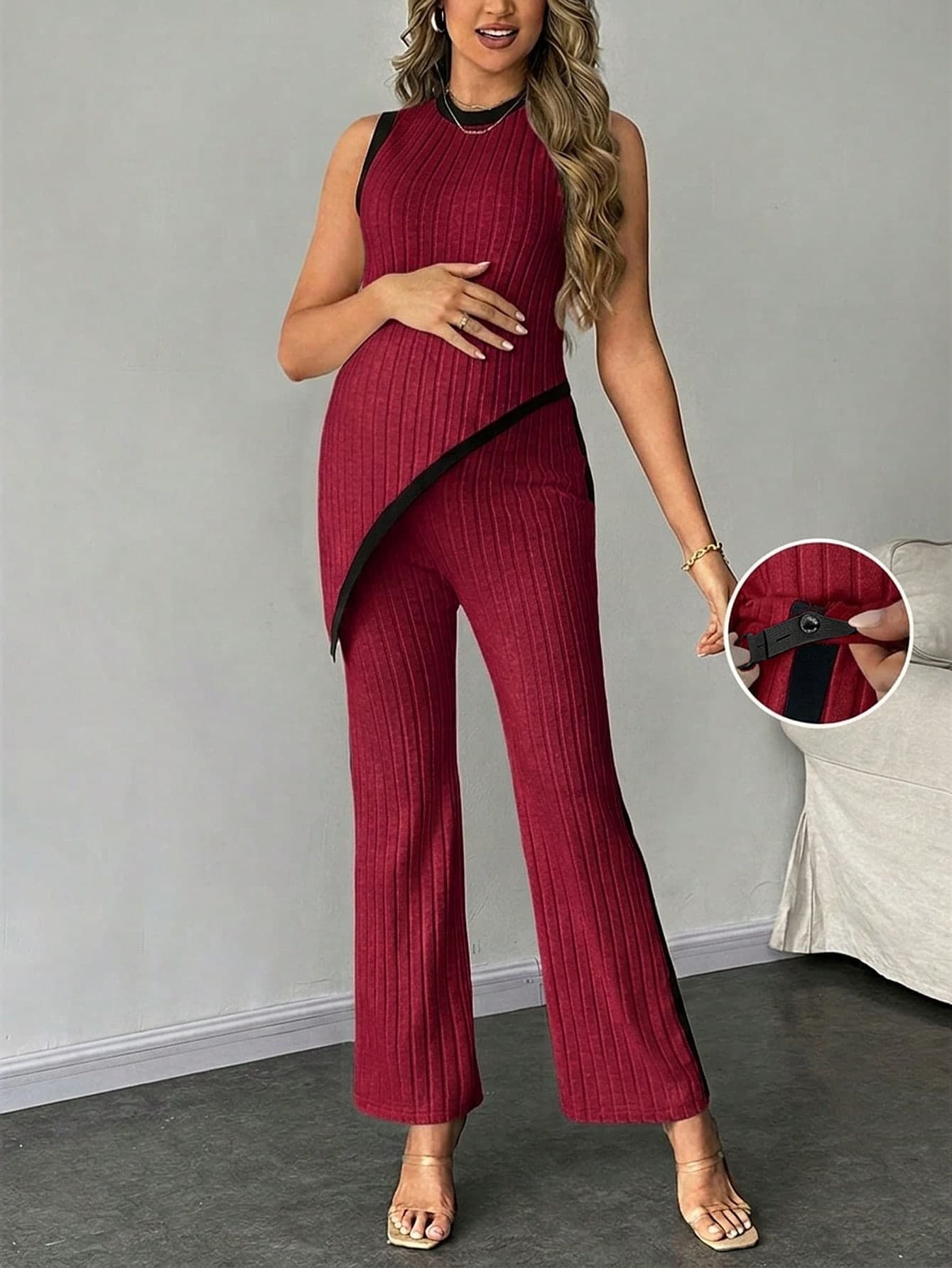 SHEIN 2pcs Maternity Casual Asymmetrical Hem Ribbed Tank Top Pants Set Photoshoot Burgundy Summer