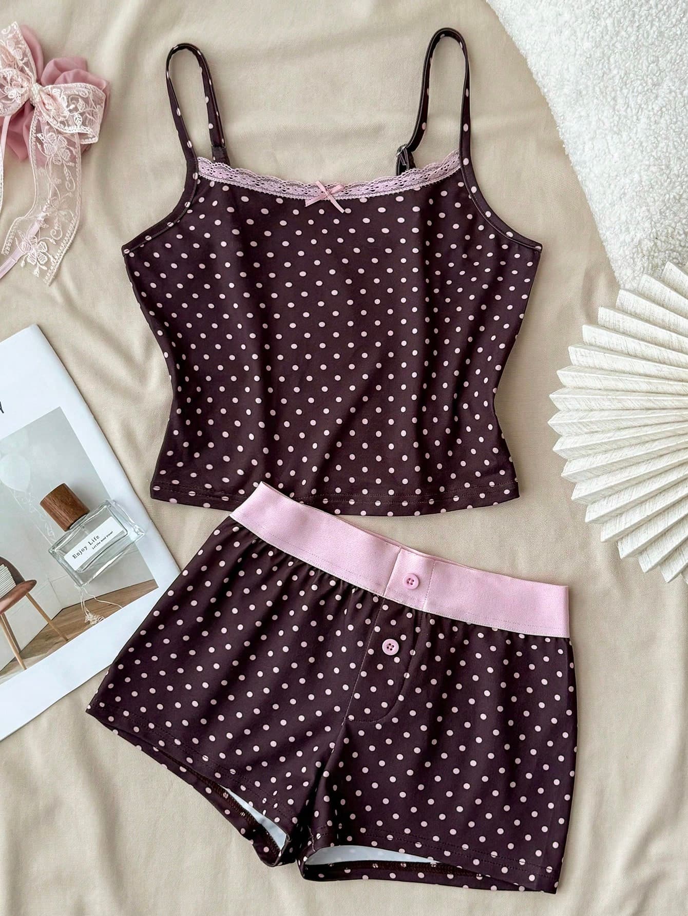 Tween Girls Lace Trim Bow Tie Brown Polka Dot Camisole And Shorts 2 Piece Set,Cute Summer Outfit,Teen Clothes For Family Matching,Home Sleep Set