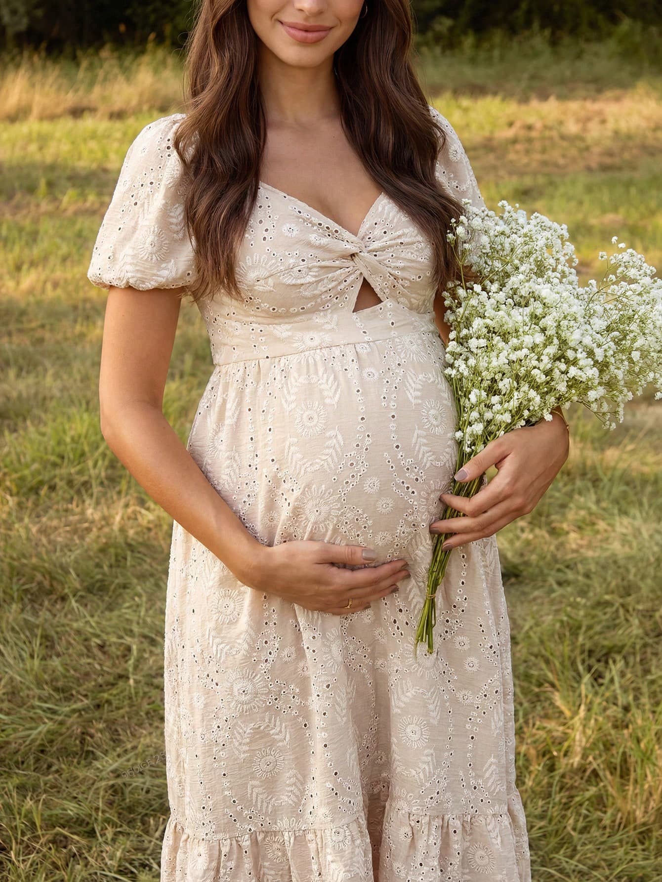 Boho Mama Summer Vacation Style Maternity Dress With Jacquard Embroidery, Heart-Shaped Neckline, Puff Sleeves, Knotted Front, Ruffled Hem, Khaki Color.