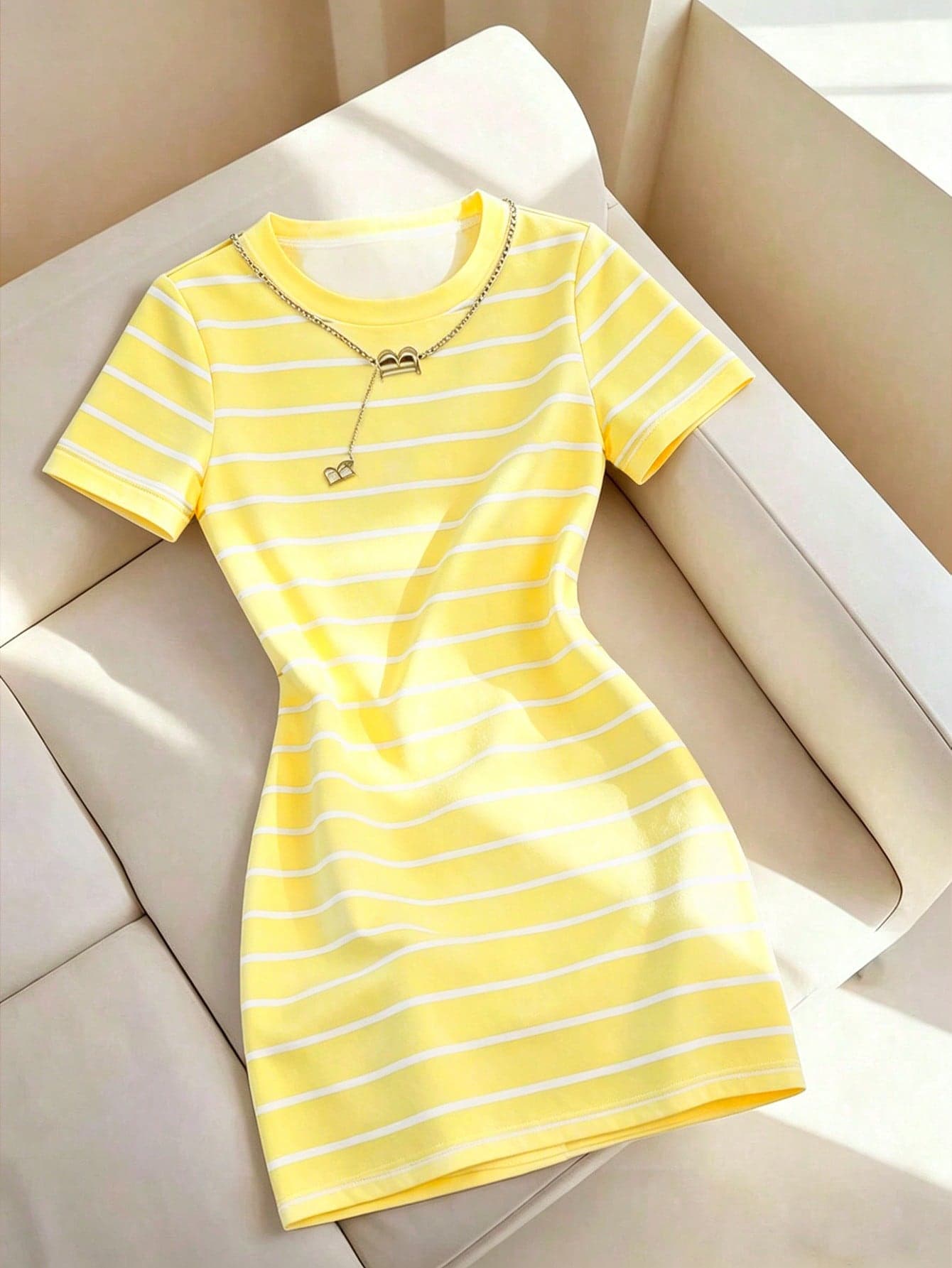 INAWLY Women's Round Neck Striped Patchwork Casual Daily Wear Short Dress