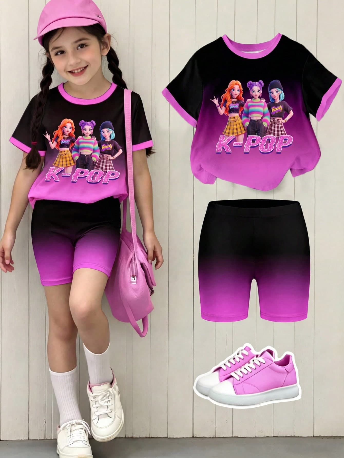 1 Set Young Girls K-POP Singer Cartoon Girl Ombre Color Block Short Sleeve T-Shirt And Matching Cycling Shorts Set,Korean Style Summer Outfits