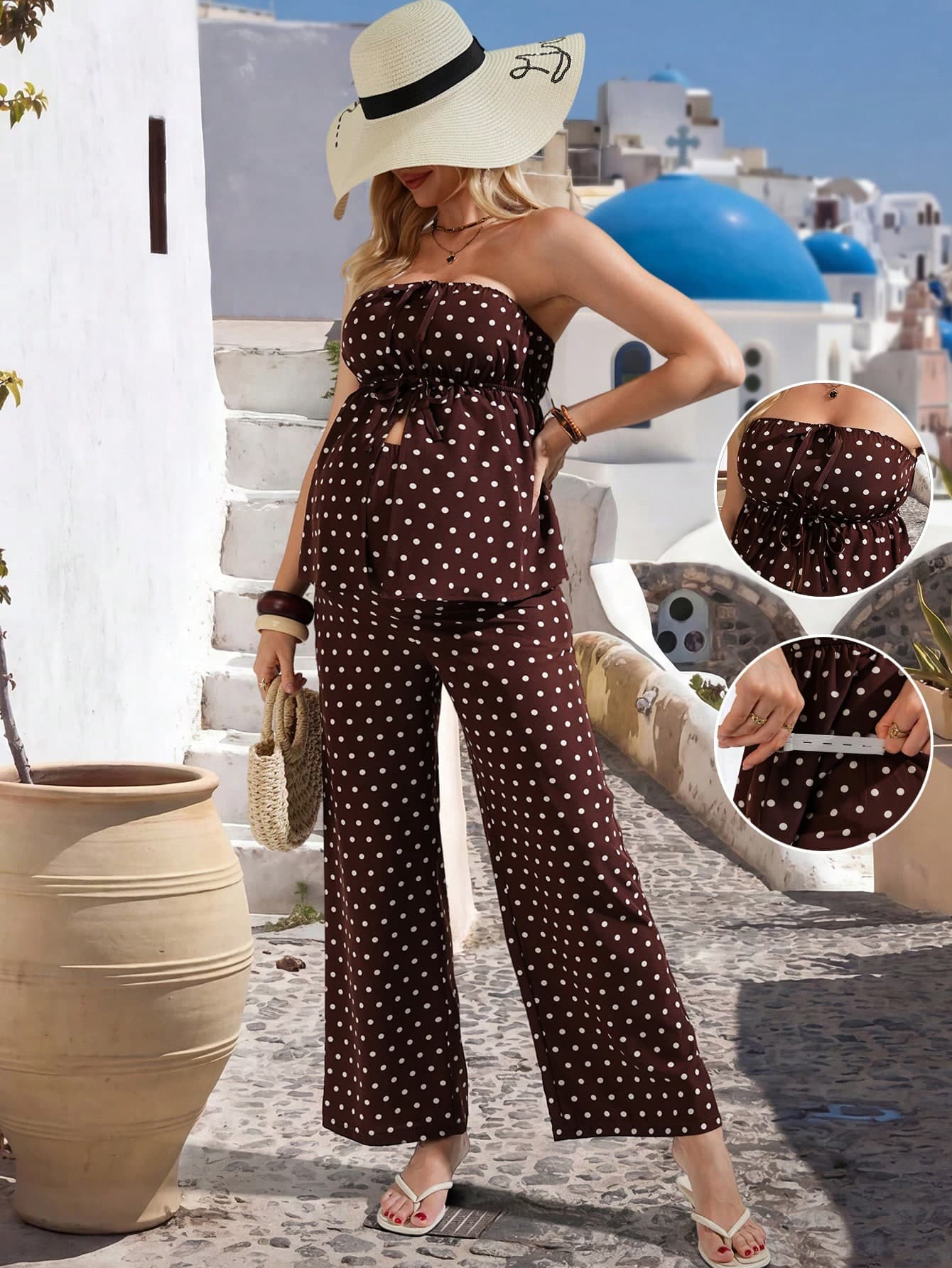 SHEIN 2pcs Brown Polka Maternity Set,Summer,Beach,Holiday,Holiday Outfits For Pregnant Women Two Piece Casual Pants Set Bohemian Boho Terno Co Ord Outfit