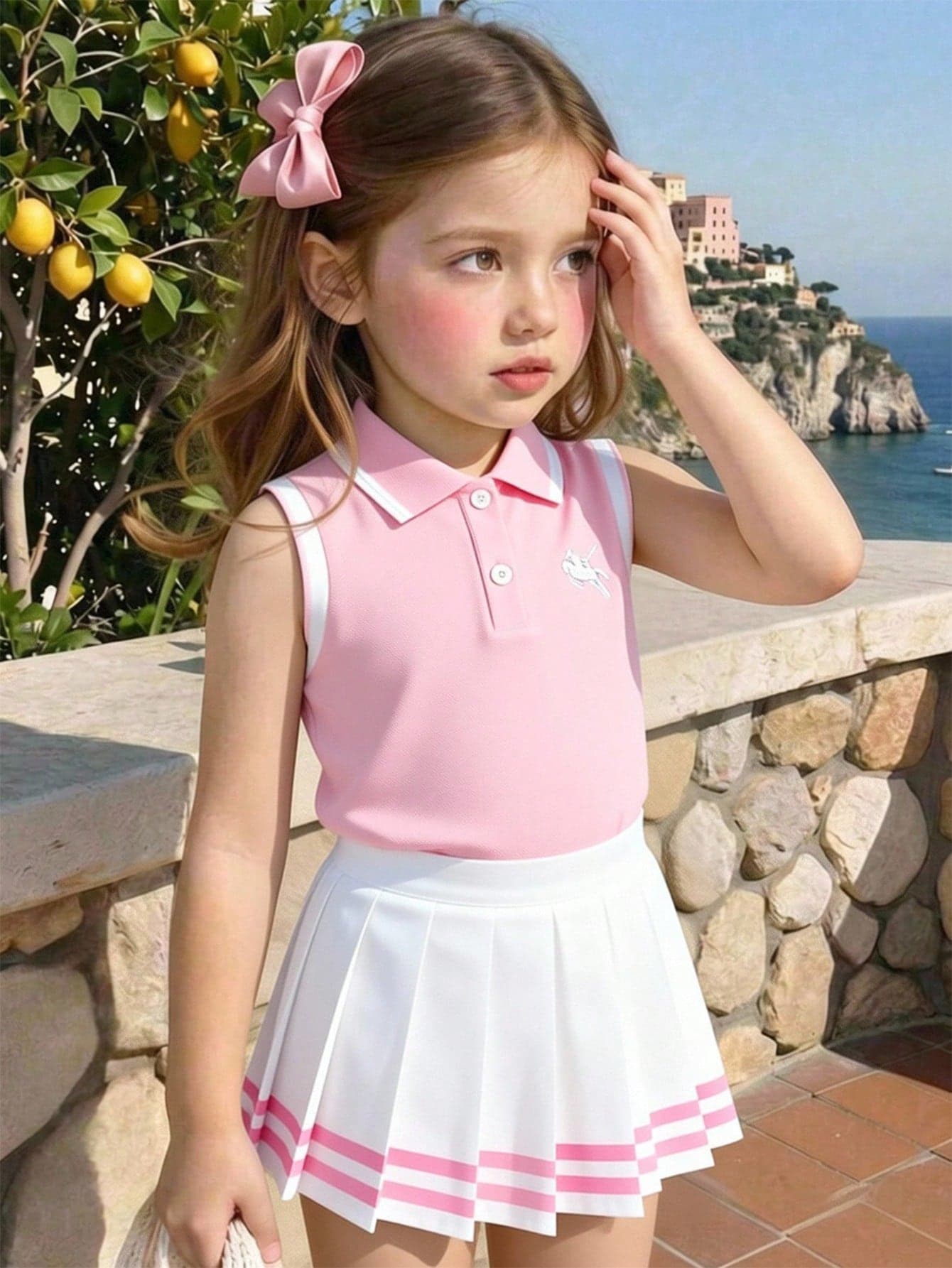 Souflis Souflis Girls 2pcs Set Light Pink Polo Collar Sleeveless T-Shirt & School Style Skirt,Cute Summer Sport Outfits,Retro Kids Tennis Coord Set For Activities