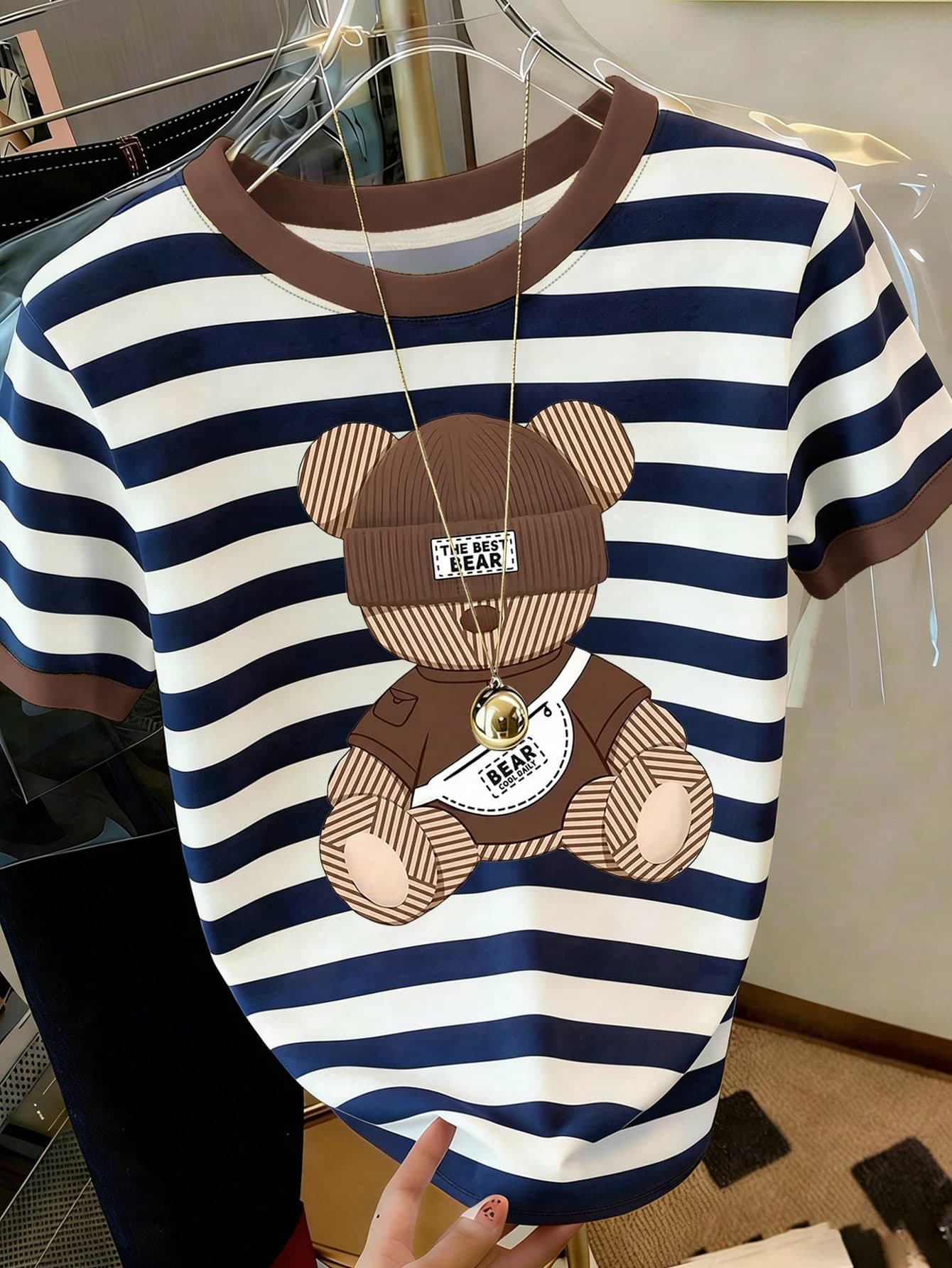 Resyla Women's Round Neck Striped And Cartoon Print Casual Short Sleeve T-Shirt