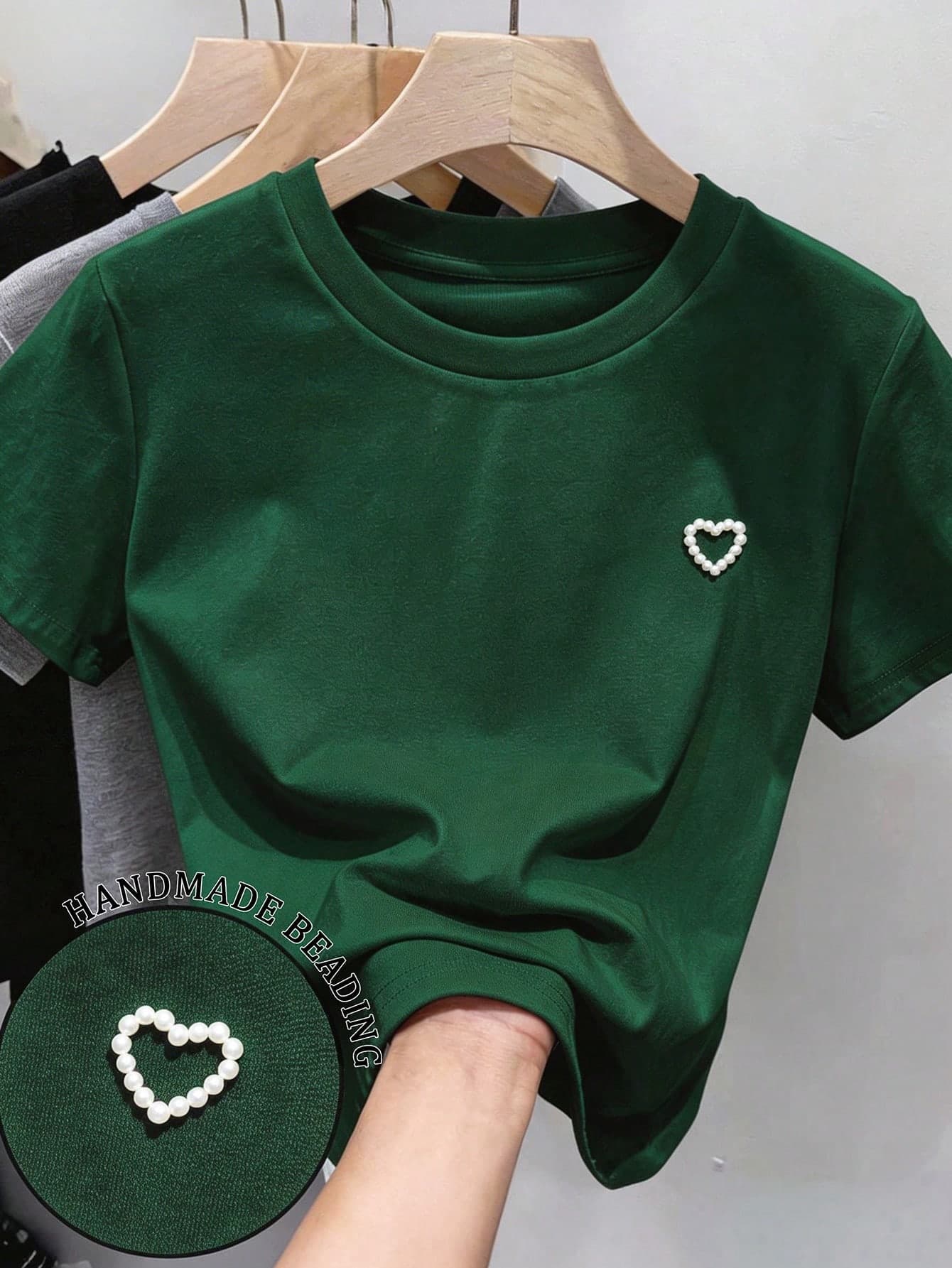 Resyla Heart & Pearl Decor Casual Short Sleeve T-Shirt, Summer Daily Wear