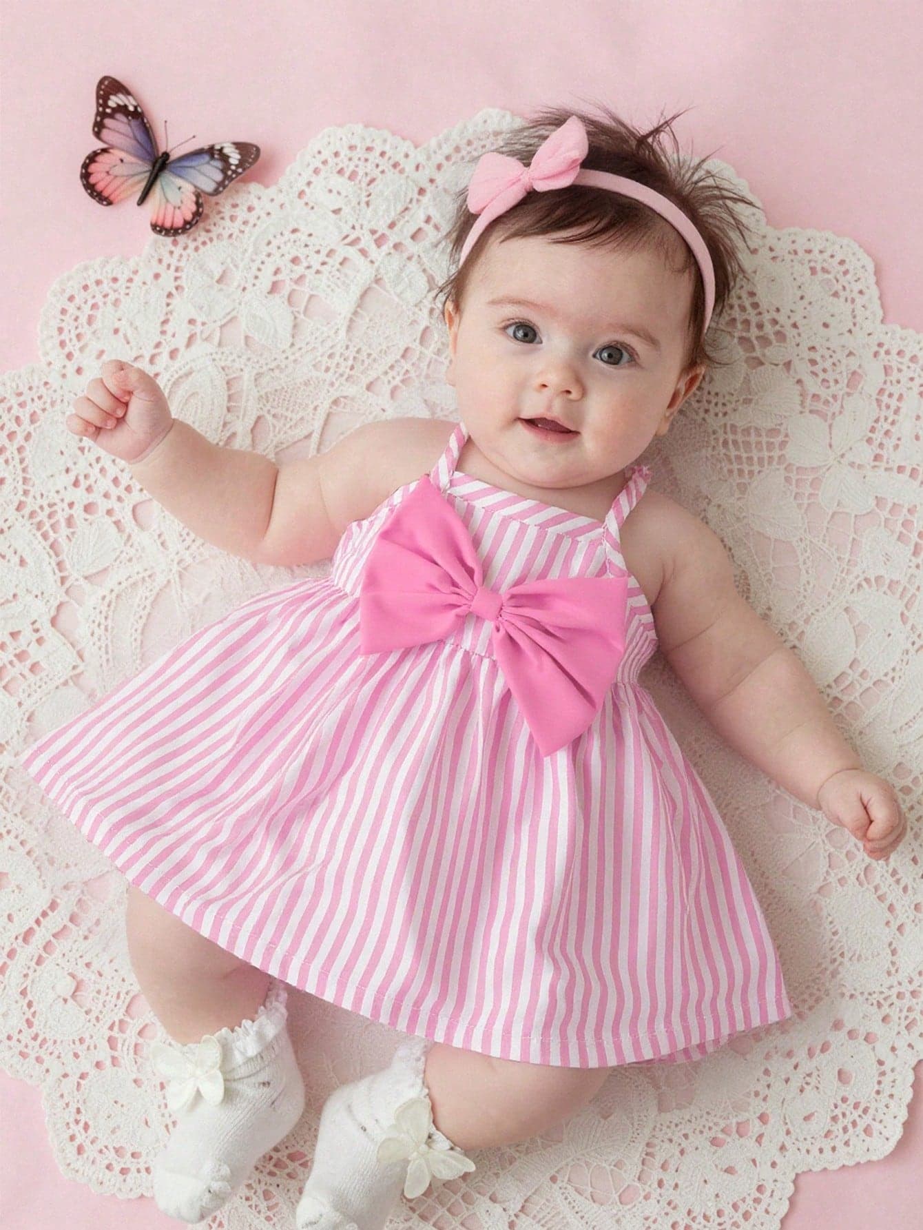 SHEIN Cute Summer Light Pink & White Striped Sleeveless Strappy Dress For Newborn Girls Decorated With 3D Bow A-Line Flared Birthday Skirt 0-9 Years Old