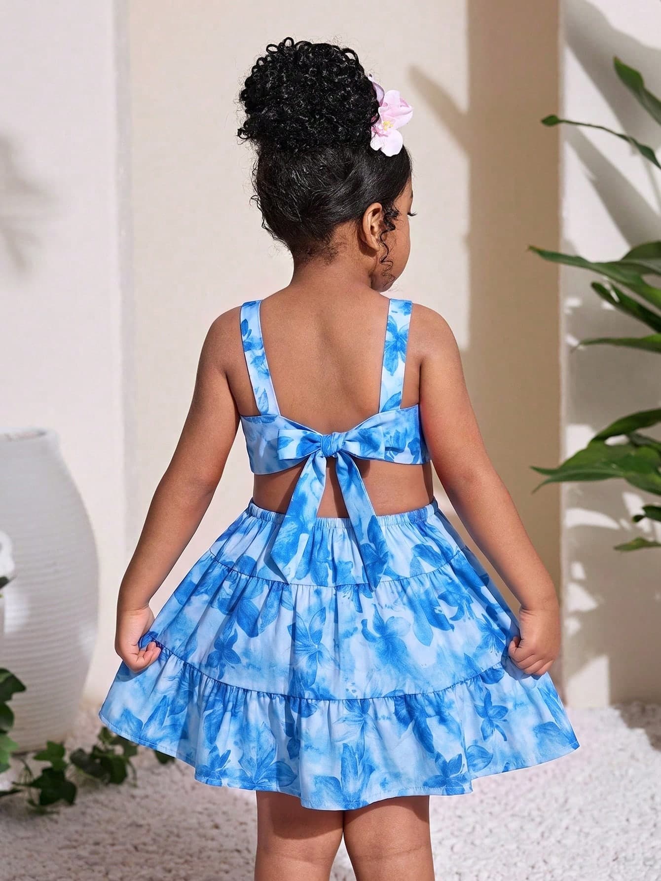 Tropical Ditsy Floral Blue Butterfly Summer Beach Holiday Dress,Hollow-Out Bowknot Casual Versatile Dress,Suitable For Sisters Matching,Family Photos