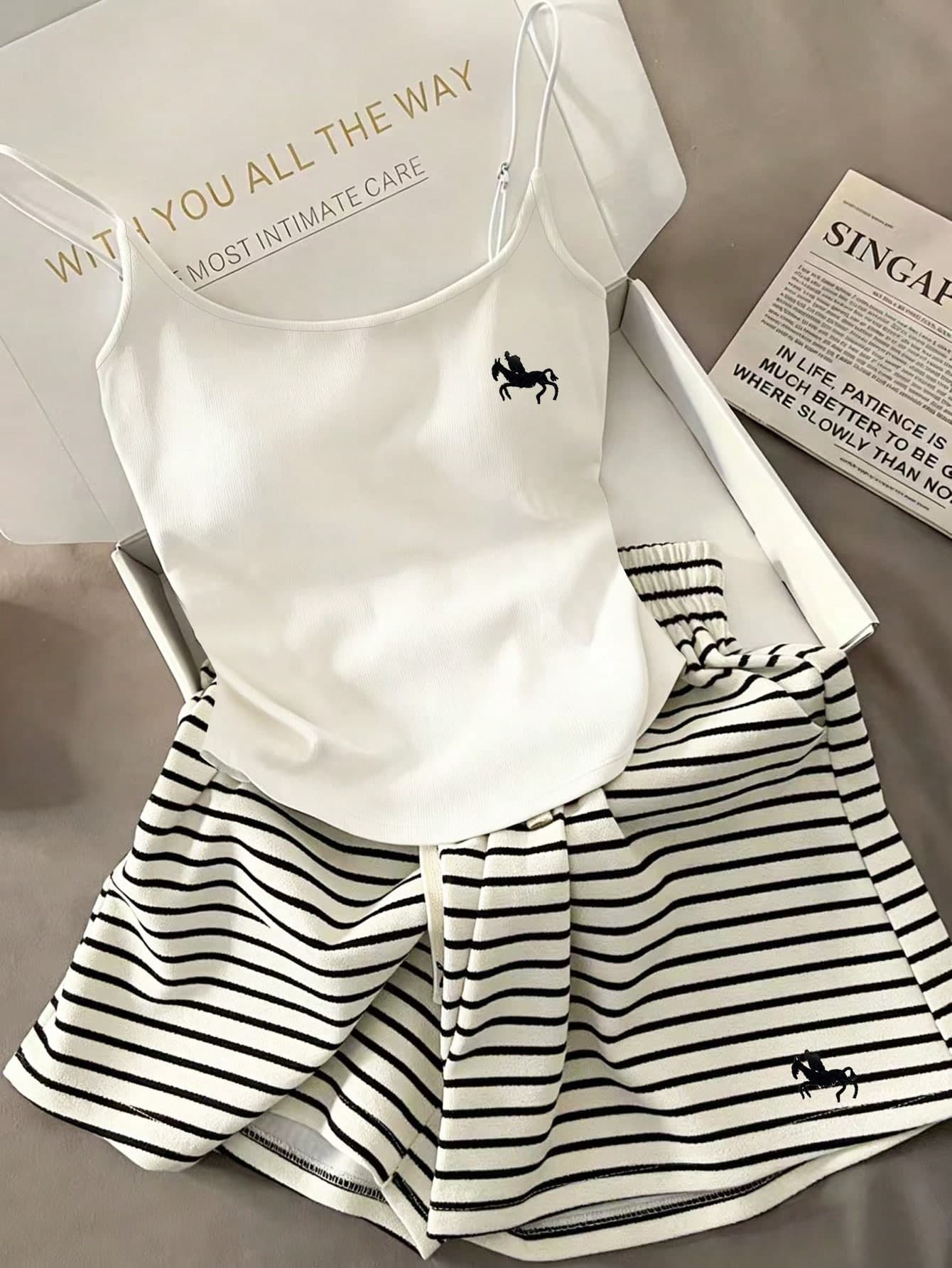 Resyla New Casual Fashion Embroidered Striped Print Knit 2 Pieces Set, Includes Camisole And Shorts