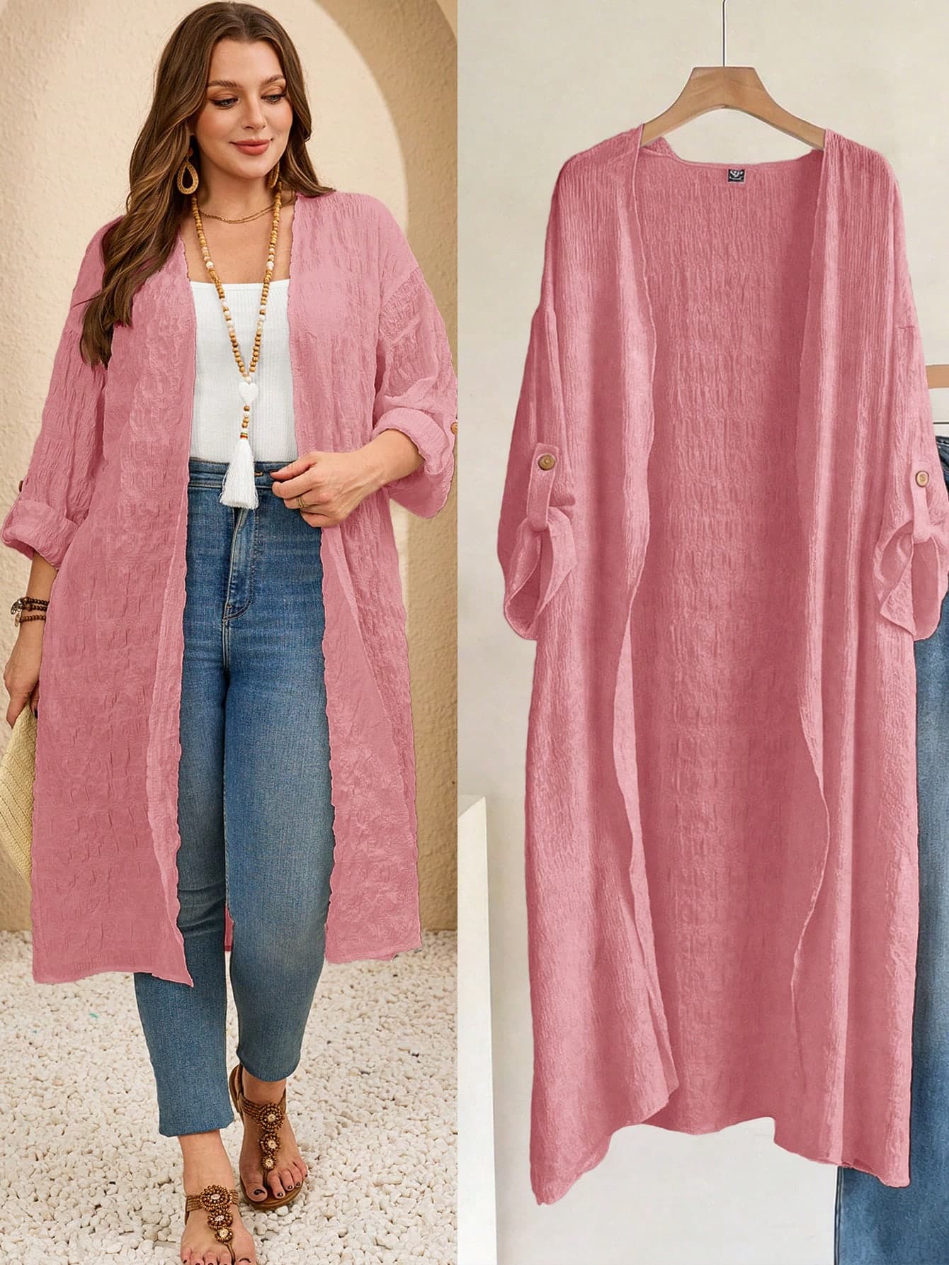 EMERY ROSE Plus Size Casual Solid Textured Front Open Dolman Sleeve Coat, Women's Country , Pink , Autumn, Tropical, Holiday Vacation Beach Fall