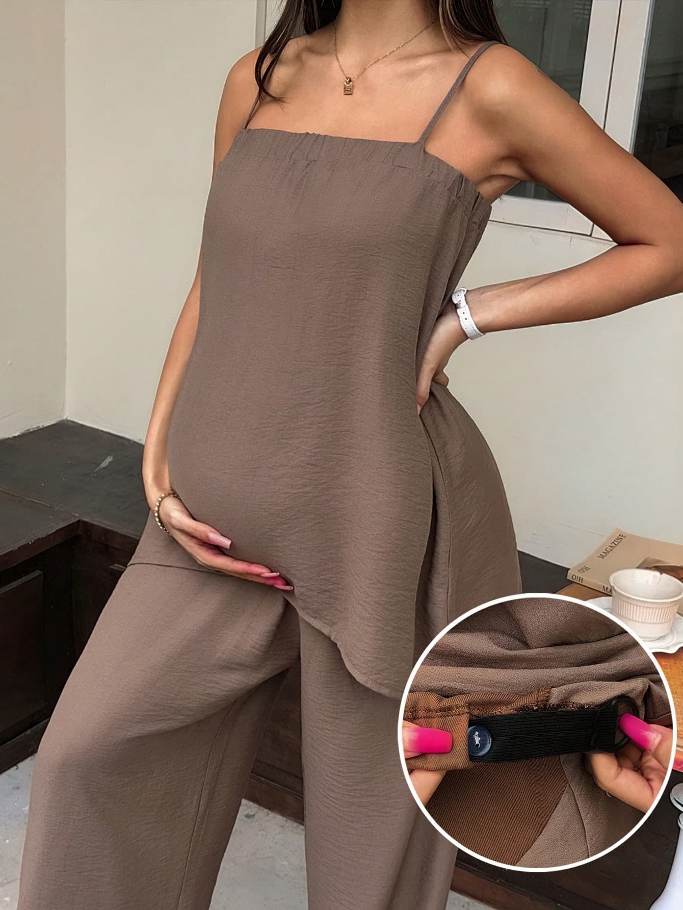 Dazy Maternity Casual Vacation Style Loose Camisole Top And Long Pants Two Pieces Set, Brown, Maternity Summer