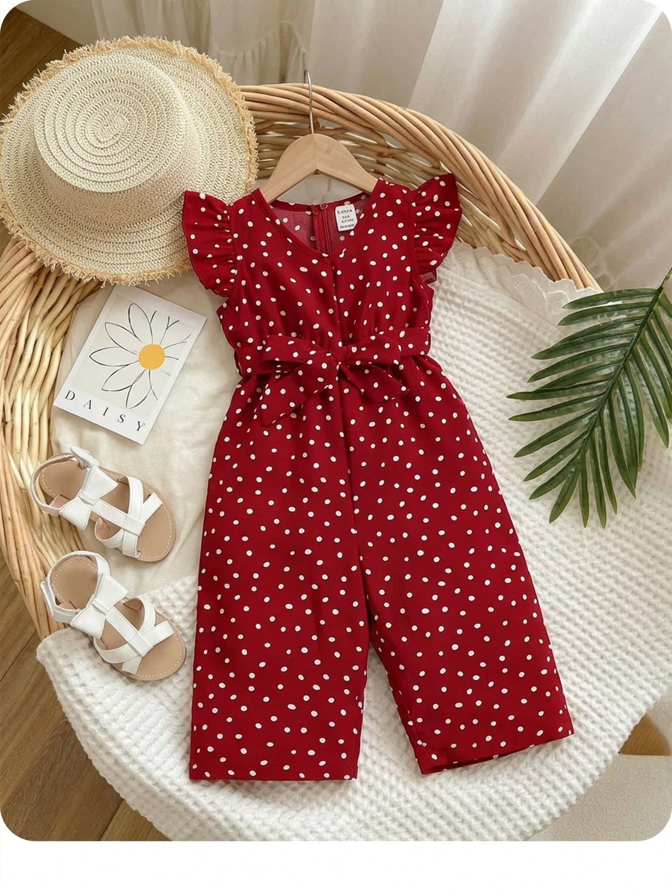 SHEIN Baby Girl Polka Dot Ruffle Sleeve Belted Jumpsuit