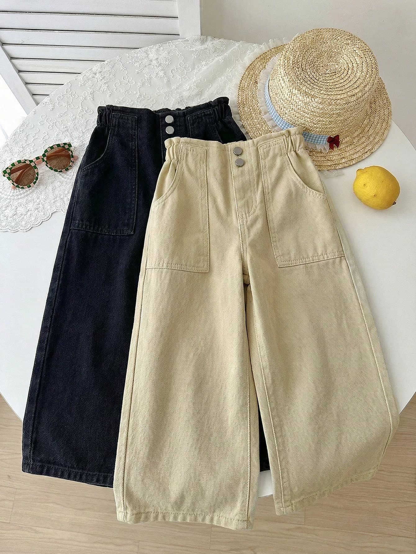 SHEIN 2pcs/Set Girls' Pink & White Loose Fit Denim Pants