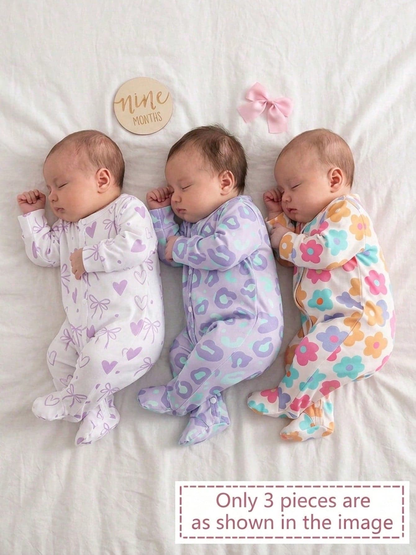 3-Piece Newborn Baby Girls Cute Lavender Pajamas,Autumn Night Long Sleeve Homewear Featuring Heart Bow Floral & Leopard Print Soft Knit Sleepwear