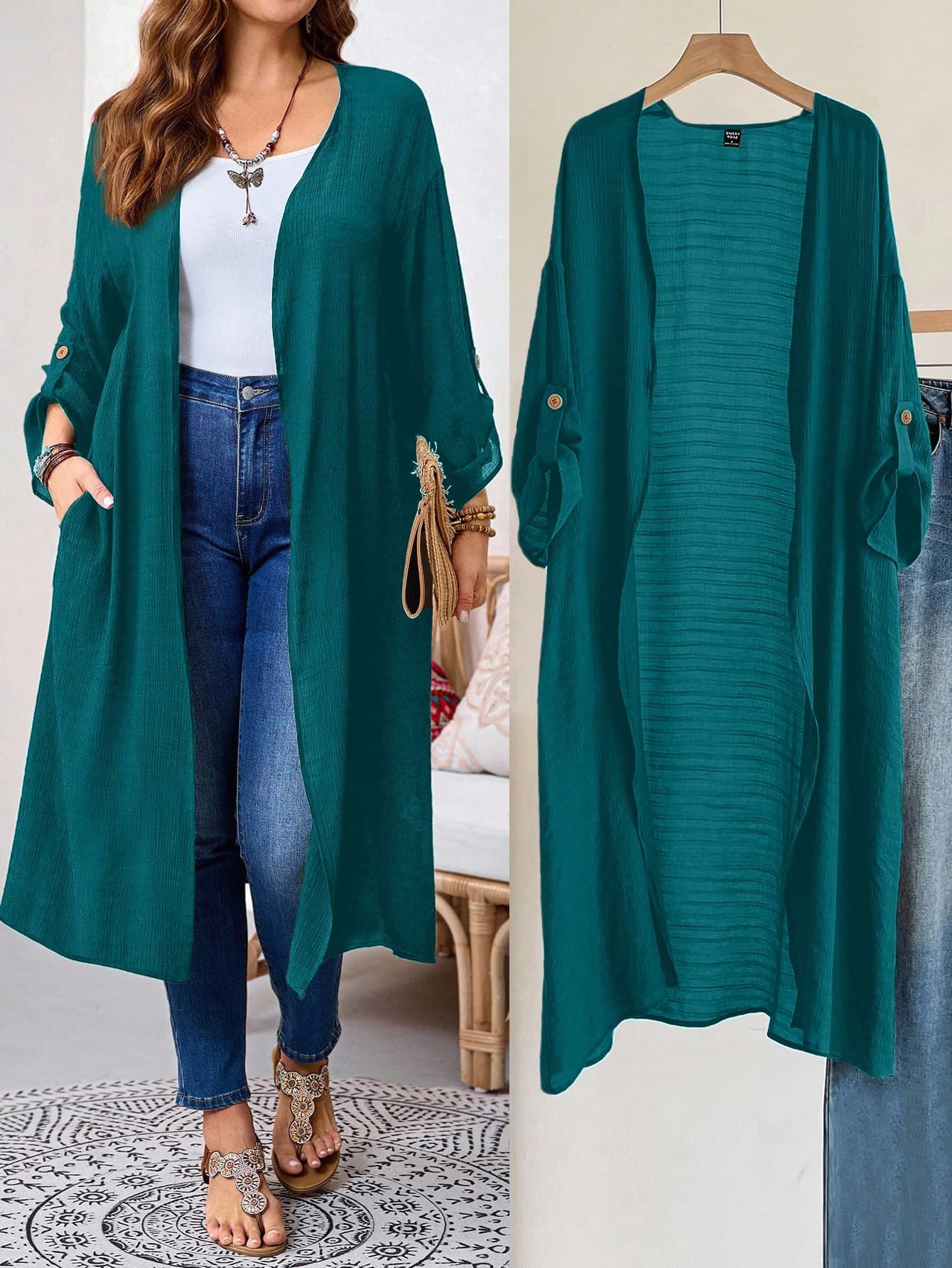 EMERY ROSE Plus Size Solid Color Loose Casual Jacket With Pockets, Versatile For Daily Wear Fall