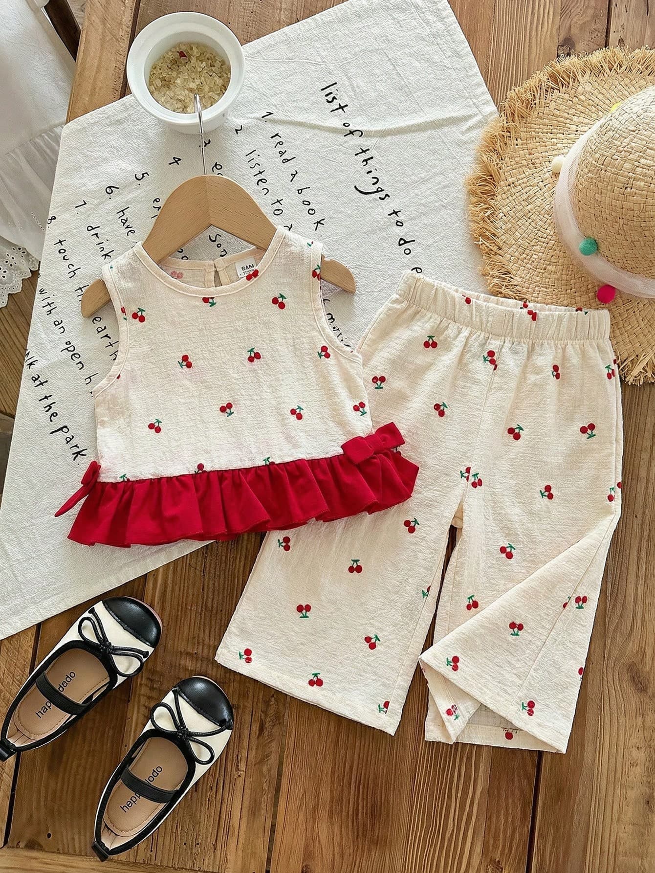 SHEIN LMoss Kids Babygirl Summer Cute Red & White Plaid Ruffle Sleeveless Top And Elastic Waist Loose Pants Set