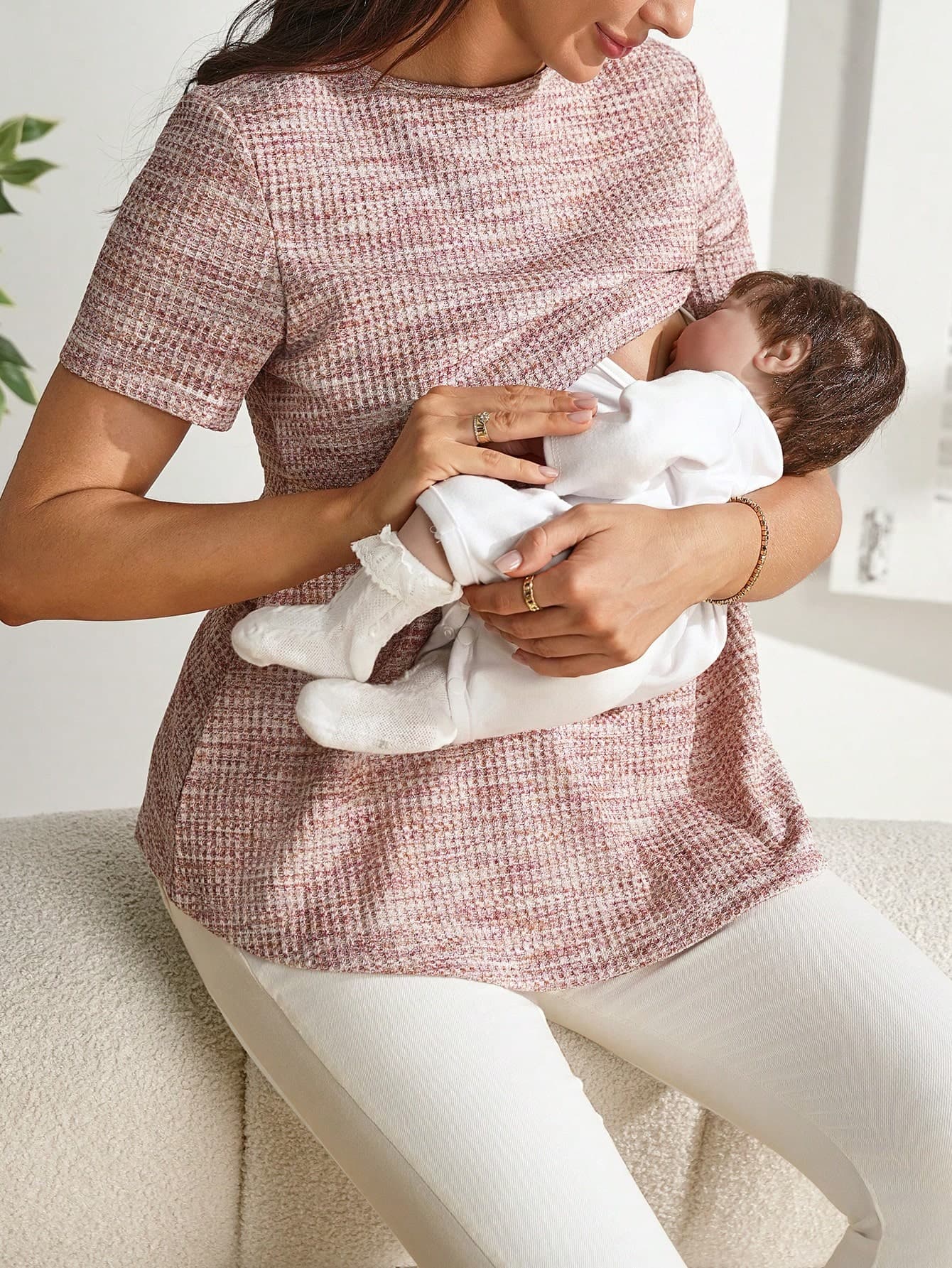 GentleRue Maternity Pink V-Neck Ruffle Sleeve Breastfeeding Nursing Top For Pregnant Women Summer Casual Everyday Maternity Clothes Blouses New Mother Bump Friendly