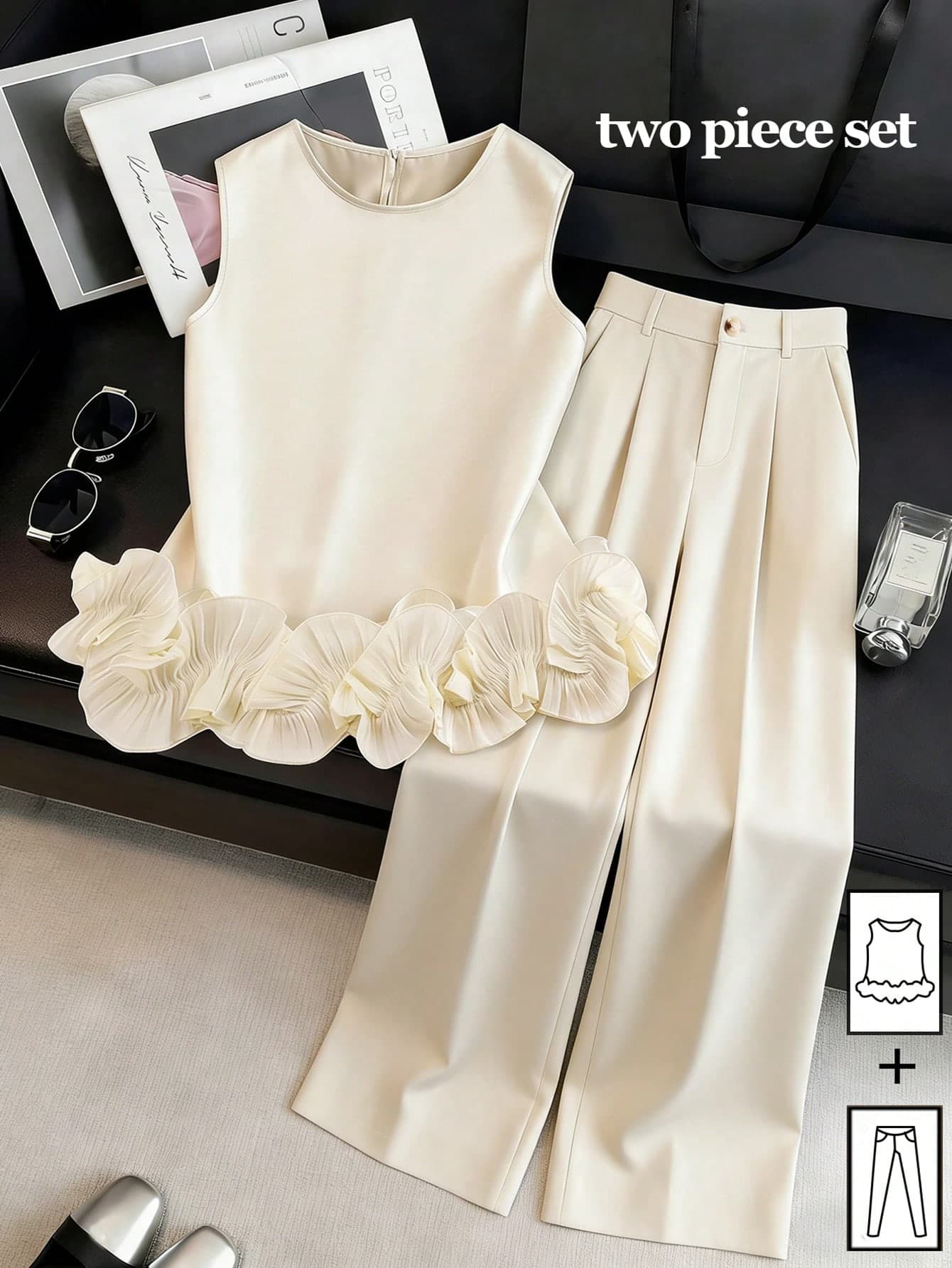 Franclia Women's Elegant Beige Two Piece Set,Sleeveless Ruffle Trim Top Wide-Leg Trousers,Summer Tea Party Brunch Outfits,Casual Vacation Clothes