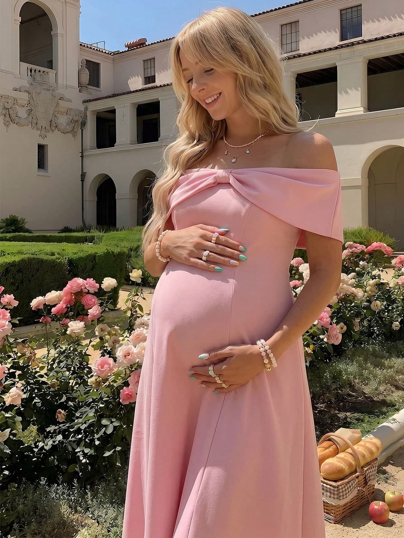Lyckli Maternity Solid Color Off-Shoulder Elegant Party Dress For Pregnant Baby Shower Pregnancy Dresses Bump Friendly Off Shoulder Formal Wedding Guest