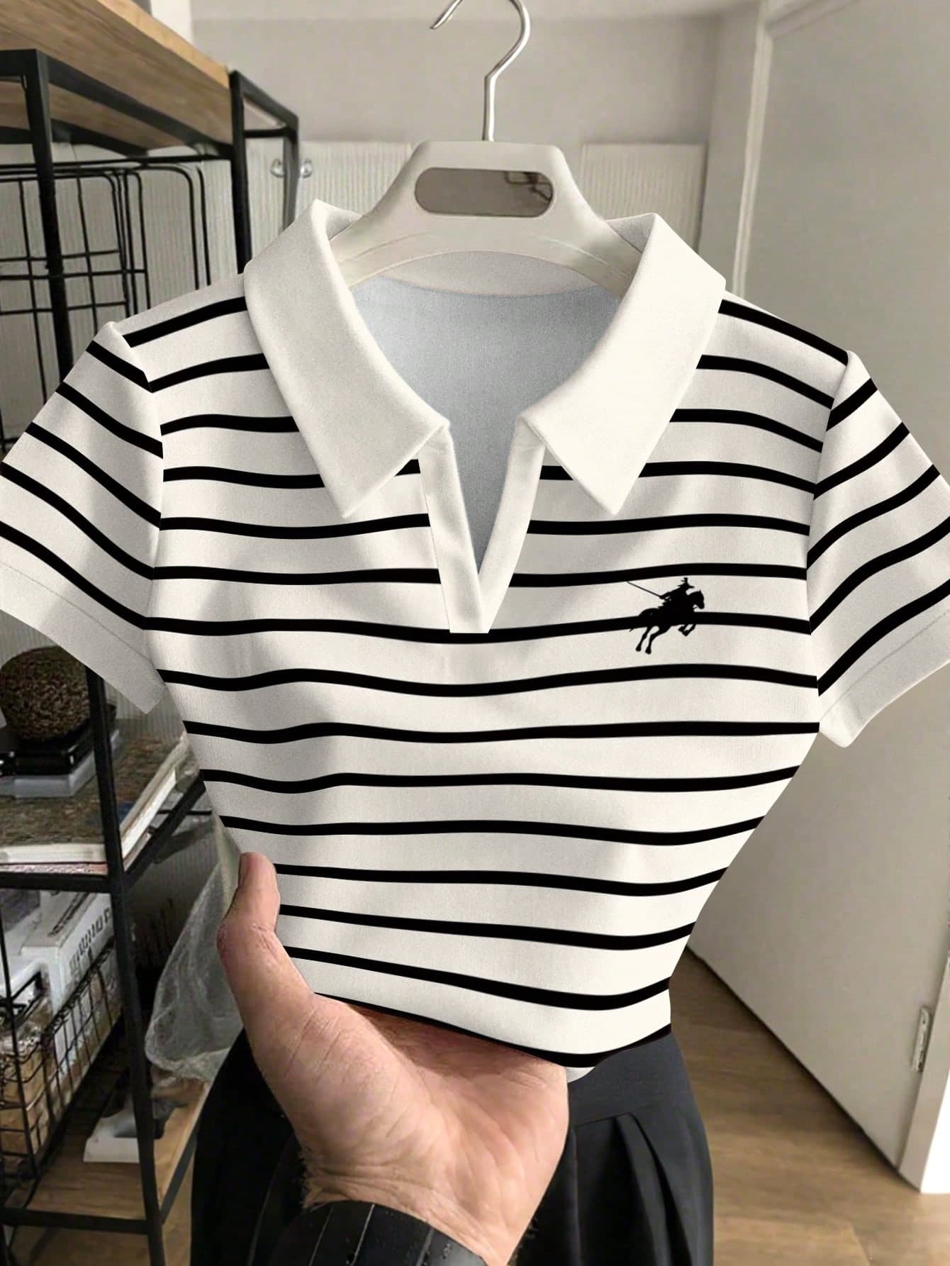 INAWLY Women's Short Polo Shirt With Striped Horse Riding Print, Contrast Color Collar