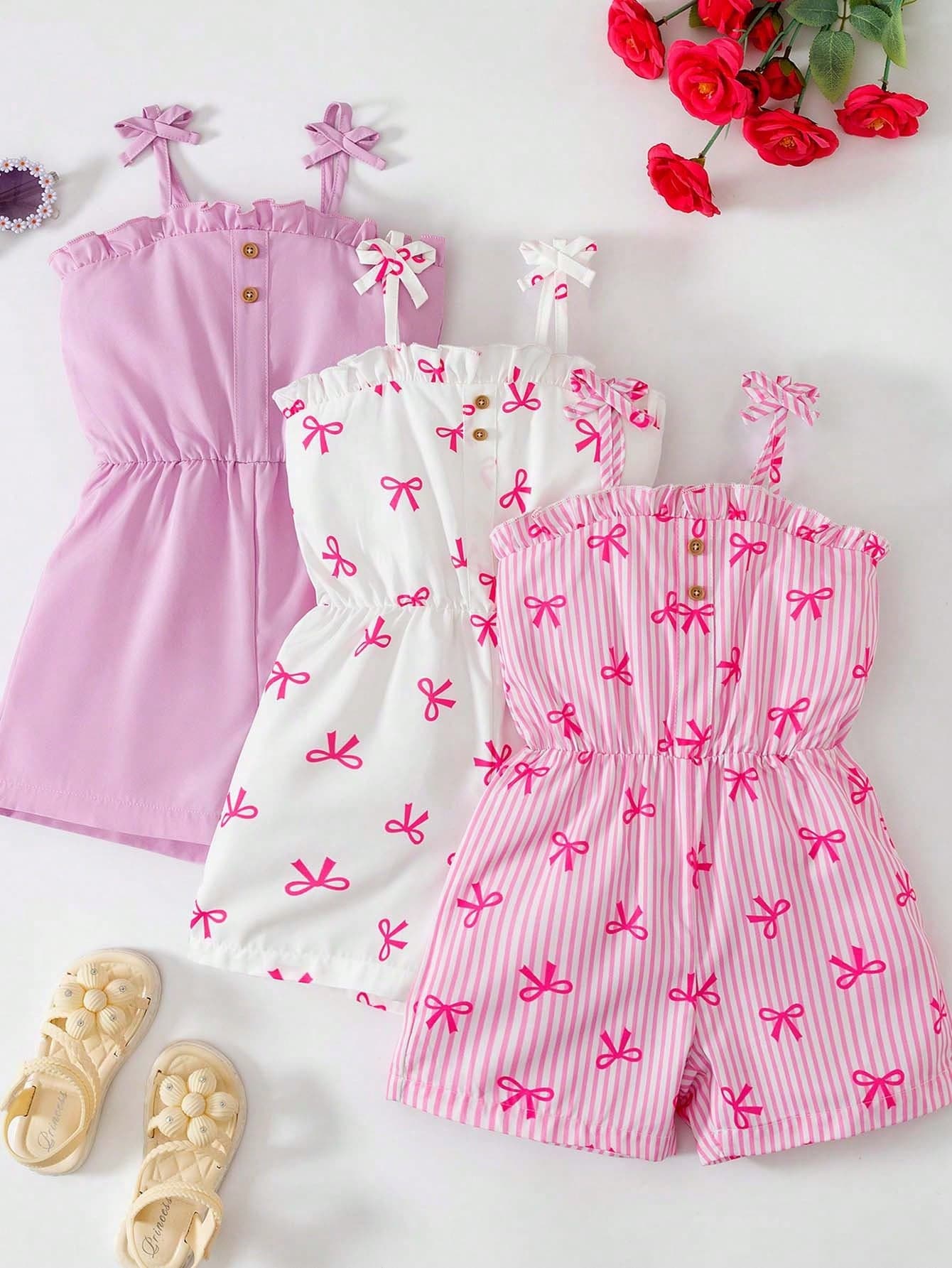 SHEIN Young Girl Butterfly Print Casual Jumpsuit,Pink Summer Matching Rompers For Kids,Cute Outfits For Girls Clothing Sets For Family Vacation
