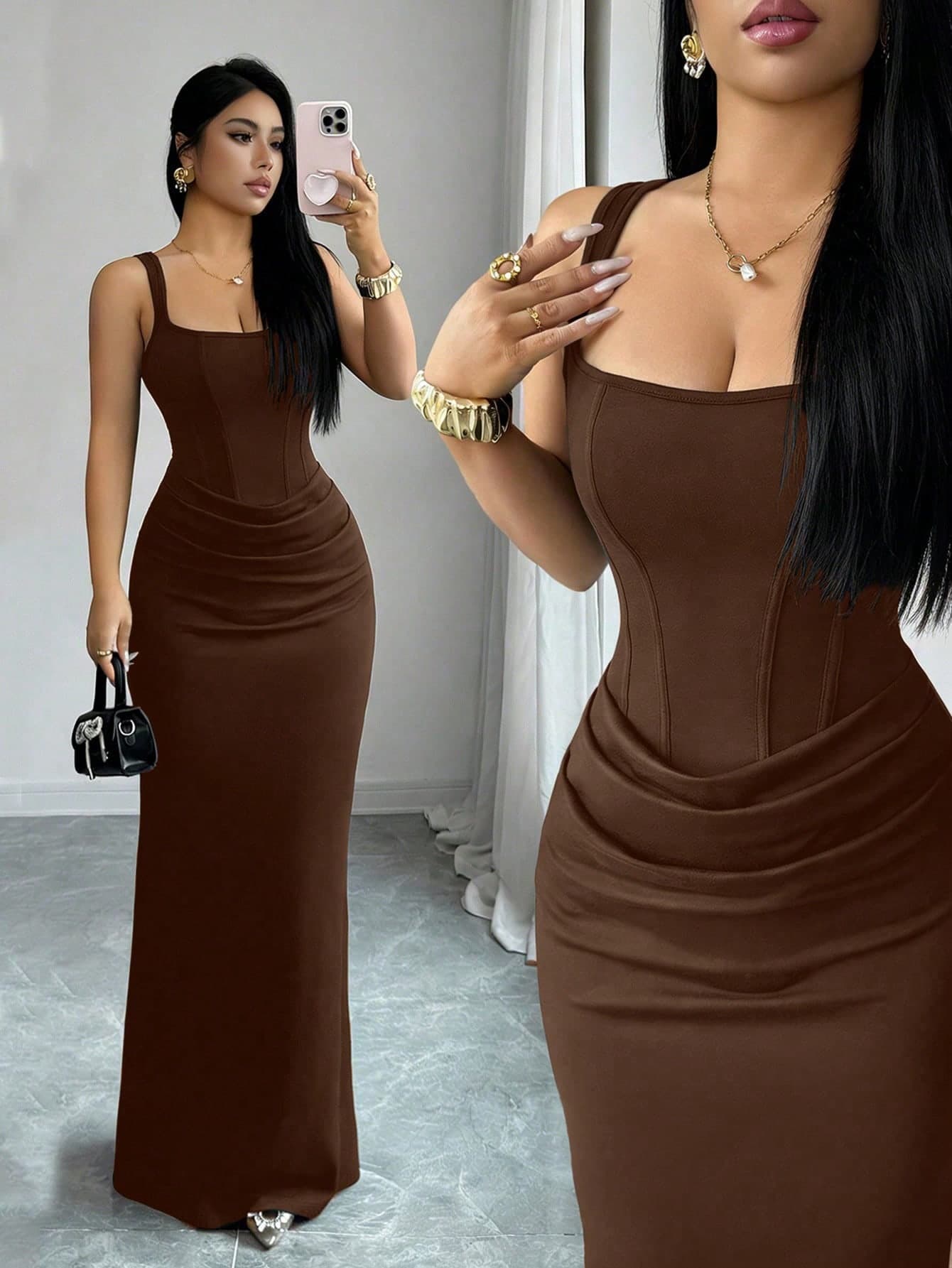 Elenzga Dark Brown,Autumn,Elegant,Dining French Square Neck Bodycon Fish Tail Gown, Waist Drape Design Wedding Guest Dress,Party Vacation Valentine's Day