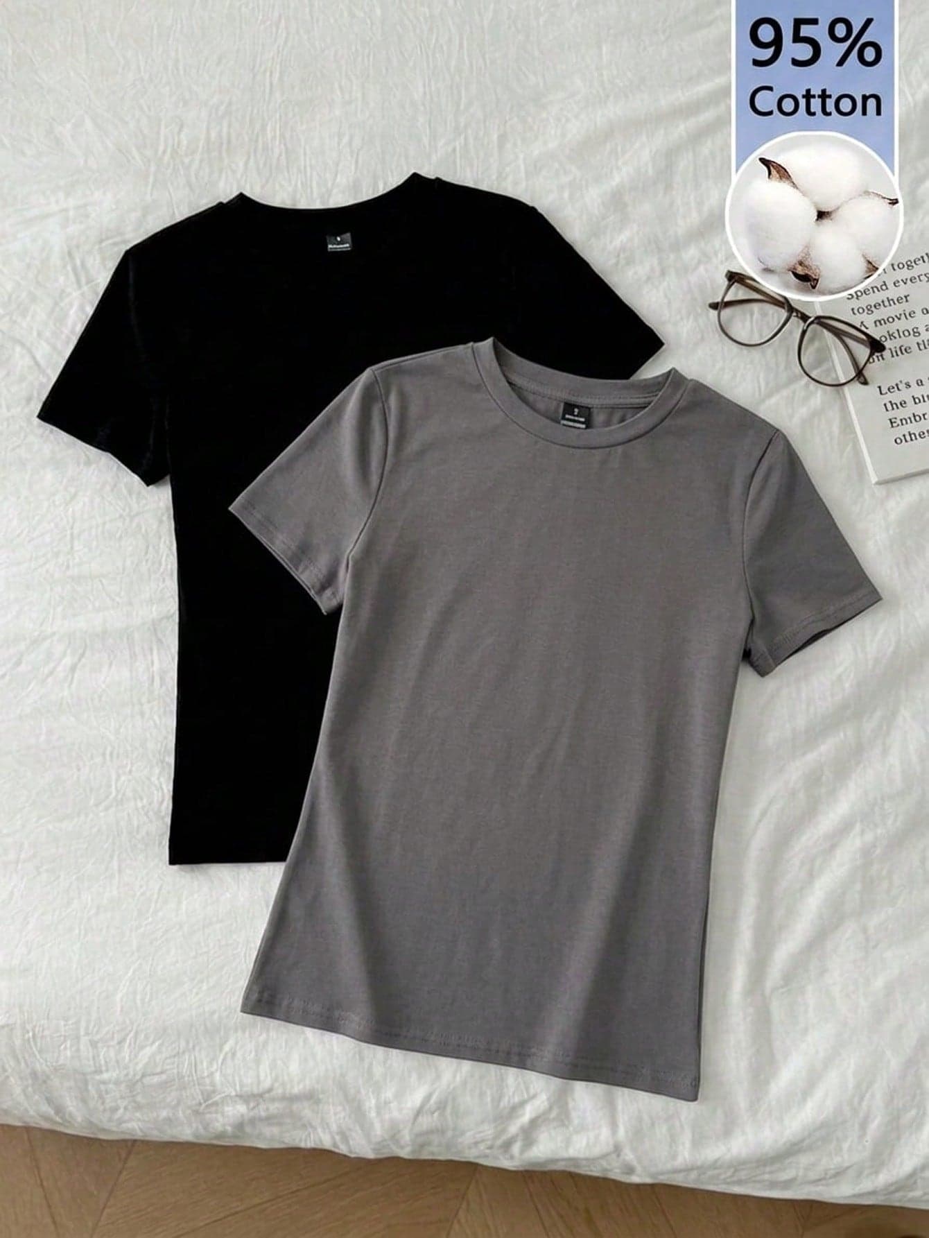 Tseoso 2pcs/Set Casual Minimalist Basic Round Neck Short Sleeve Undershirt, Black And Dark Grey, Spring/Summer,Summer Top