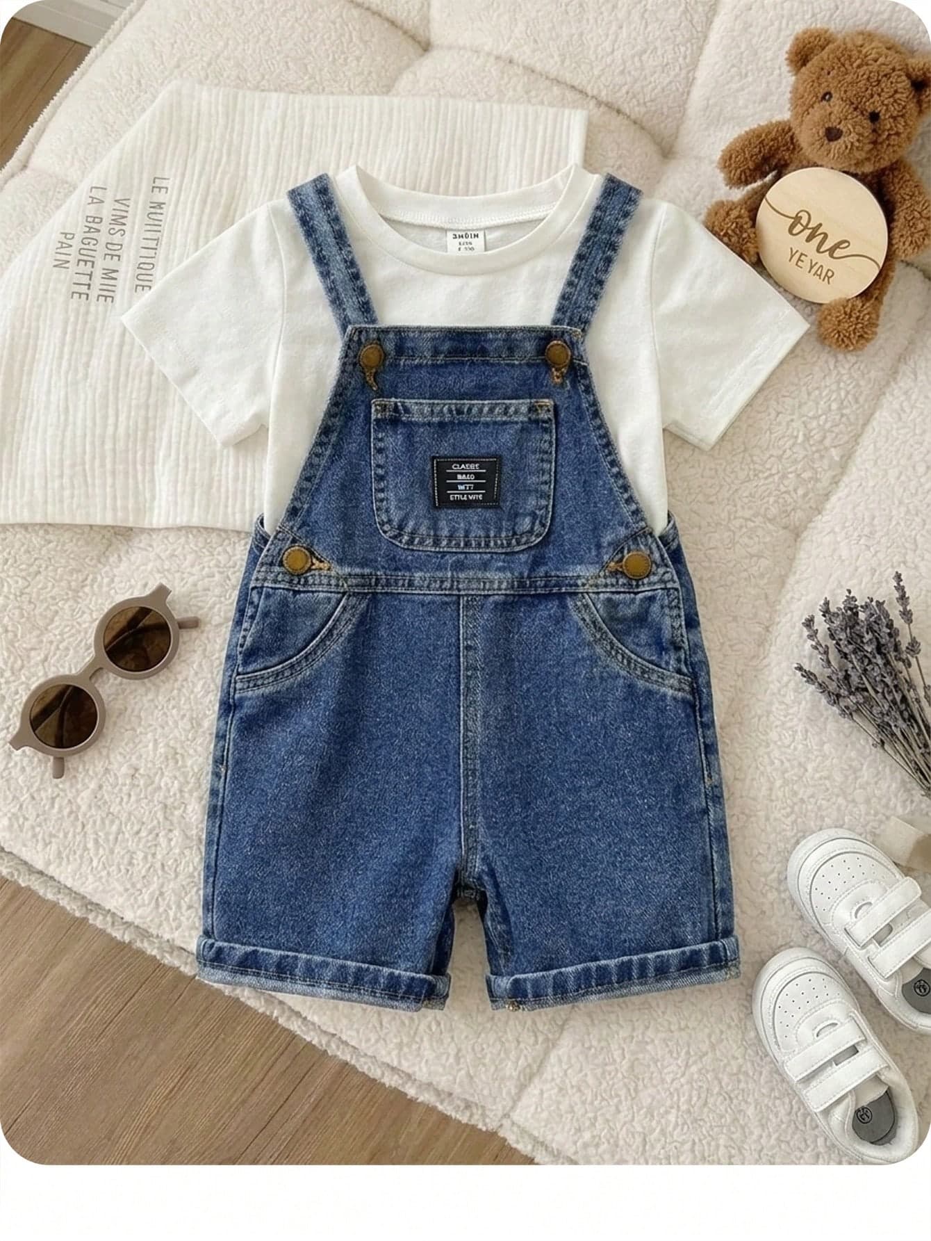 SHEIN Baby Boys' Summer Casual Patched Detail Baggy Straight Leg Denim Overalls Jumpsuit Jeans Shorts Without Tee, For Spring/Summer Outfits,Kids Denim Romper