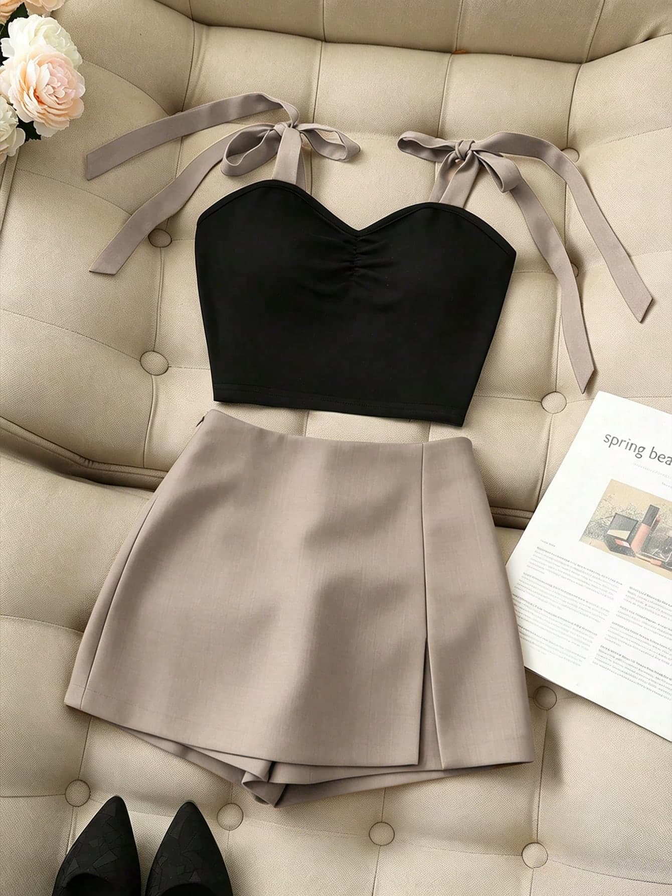Franclia Women Elegant Black And Beige 2 Pieces Set, Bow Tie Front Pleated Cropped Camisole&Tie Waist Shorts Suit,Summer Casual Outfit For Vacation,Dining
