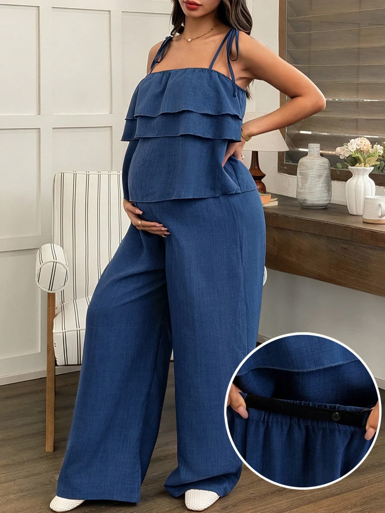 Dazy Maternity Vacation Style Casual Ruffle Strap Top And Adjustable Waist Wide Leg Long Pants Maternity 2 Pieces Set Summer