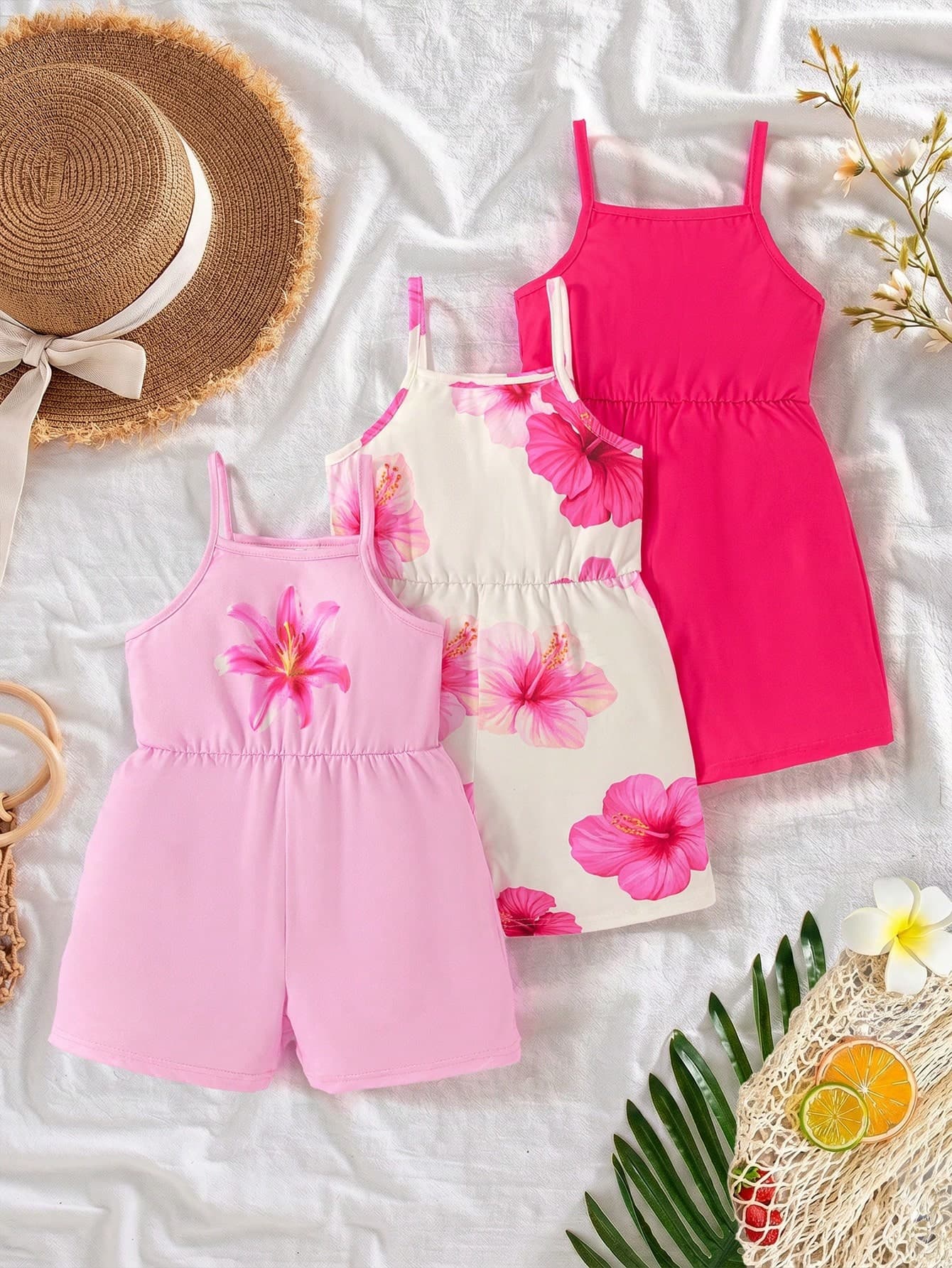 SHEIN Elladie kids 3pcs/Set Toddler Girls' Summer New Floral All-Over Print Solid Color Romper Shorts, Minimalist Versatile Fashionable Holiday Style Jumpsuit