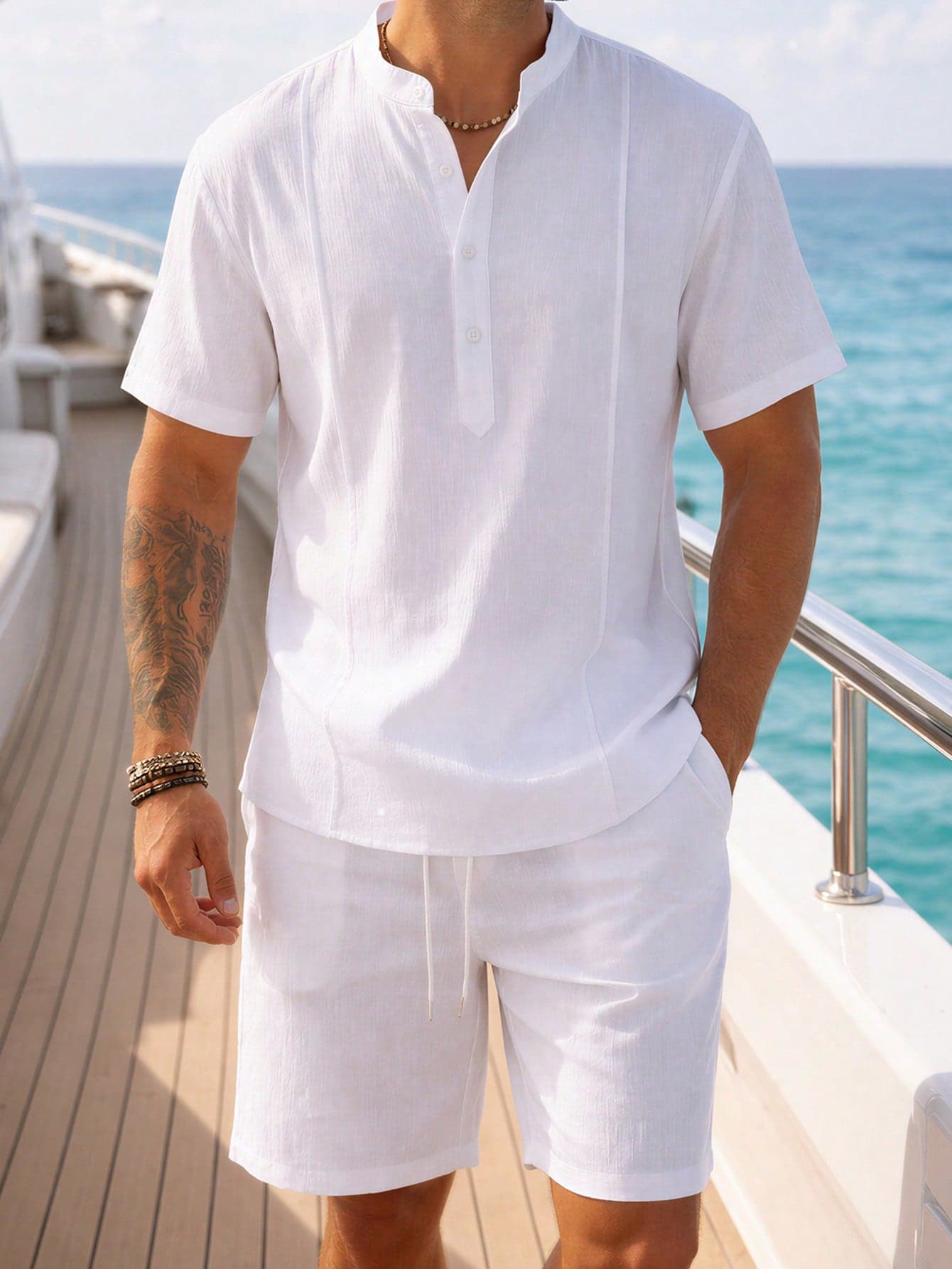 VENTUSAIL Men's 2-Piece Set,White Summer Casual Short Sleeve Crinkle Linen Henley Shirt & Drawstring Elastic Waist Shorts,Vacation Holiday