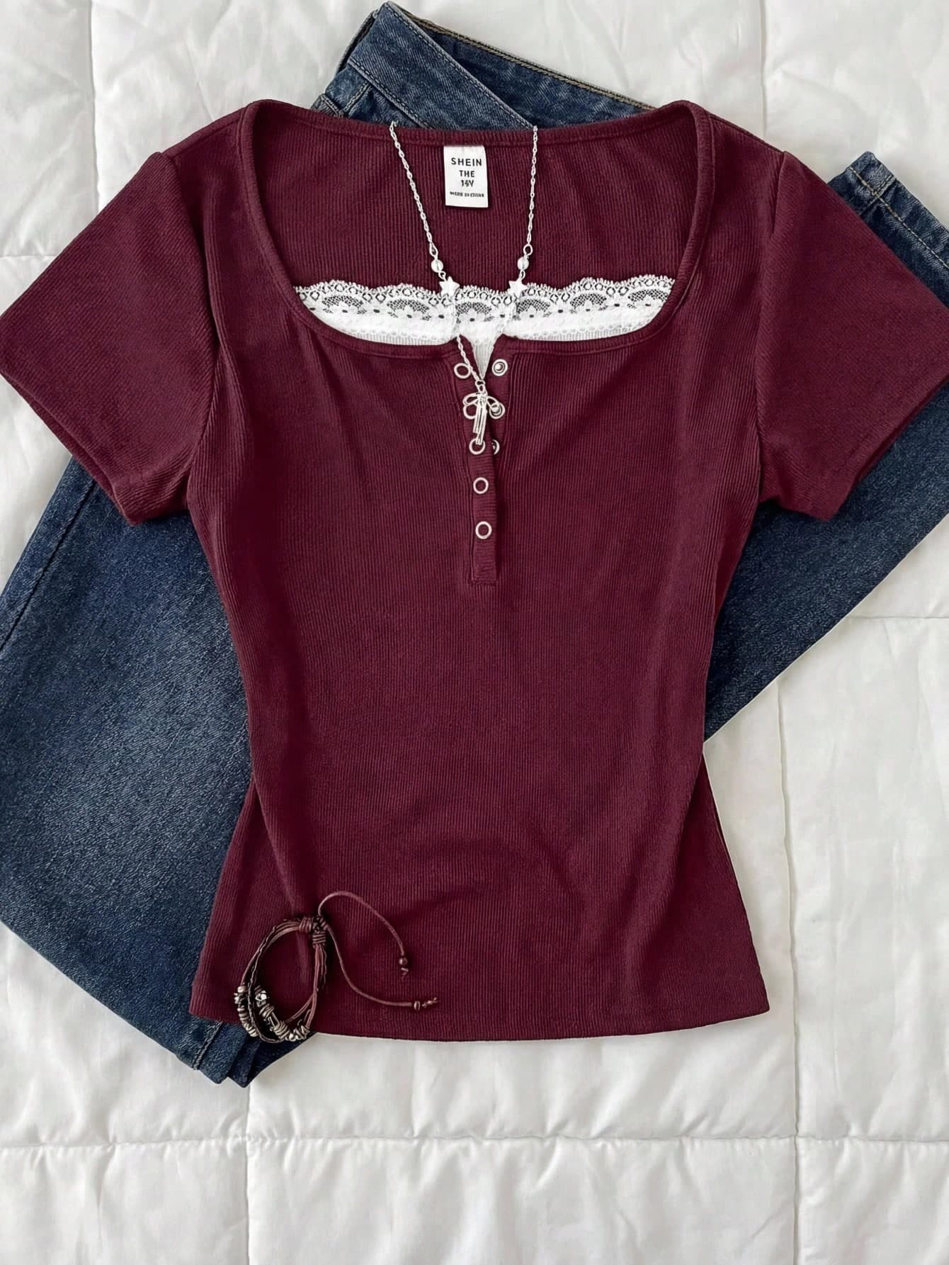 Tween Girls Burgundy Short Sleeve T-Shirt,Cute White Lace Trim Y2K Vintage Tee,Summer School Fitted Polyester Top With Keyhole Neck And Ruched Bust