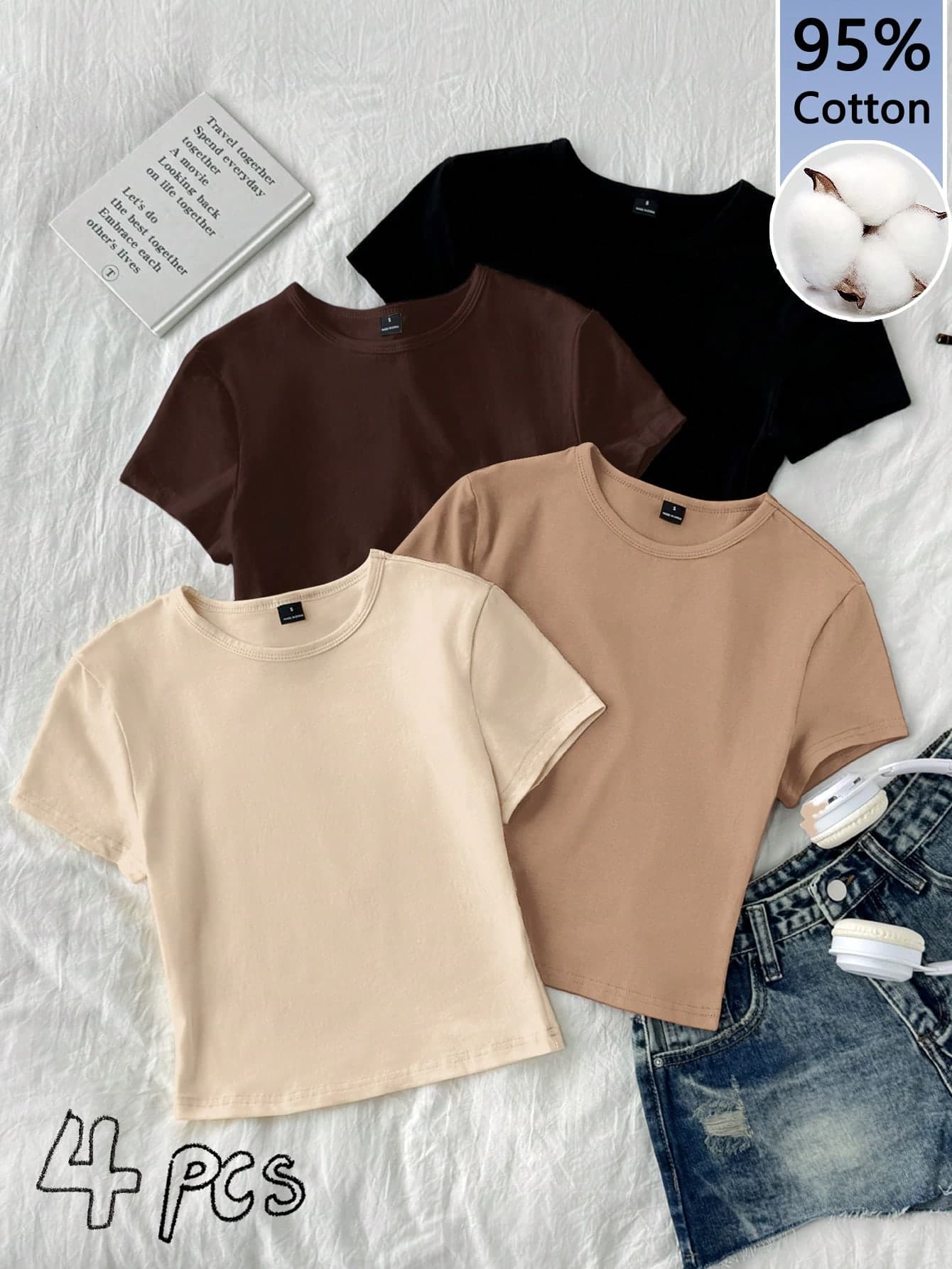 Tseoso 4pcs/Set Casual Round Neck Raglan Short Sleeve Fitted Women T-Shirts, Suitable For Summer,Summer Top