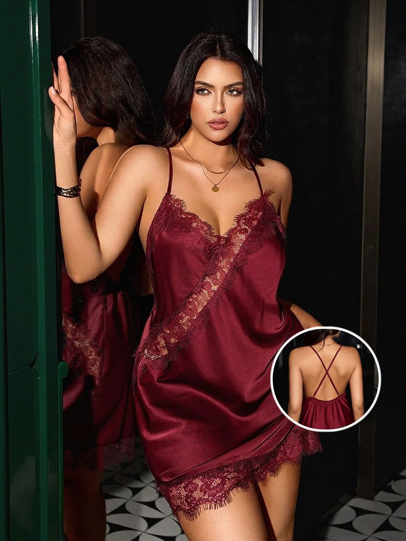 SilkySpell Plus Size Women's Sexy Deep V Spaghetti Strap Dress, Minimalist Lace Patchwork Hollow Out Alluring Nightgown