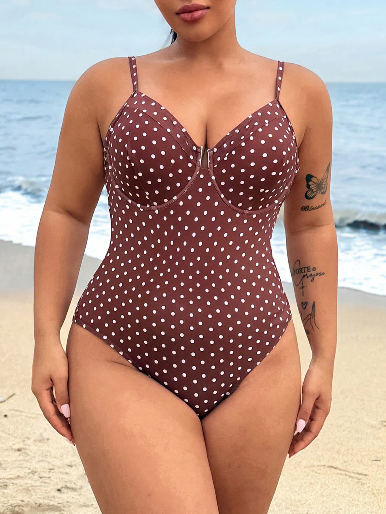 Swim Vcay Plus Size Polka Dot One-Piece Swimsuit For Women,Summer 1920s Flapper Beach Holiday,Spaghetti Strap Steel Bra Gather Waist Hollow Back Elegant