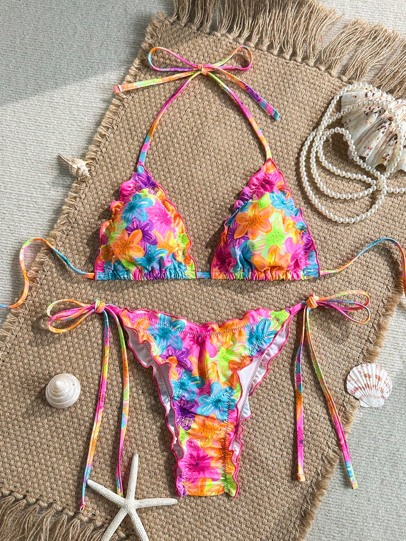 Swim Mod 2pcs/Set Women Pink Floral Print Ruffle Trim Halter Neck Triangle Bikini Top And Side Tie Bottoms Summer Boho Beach Holiday Holiday Swimwear Set