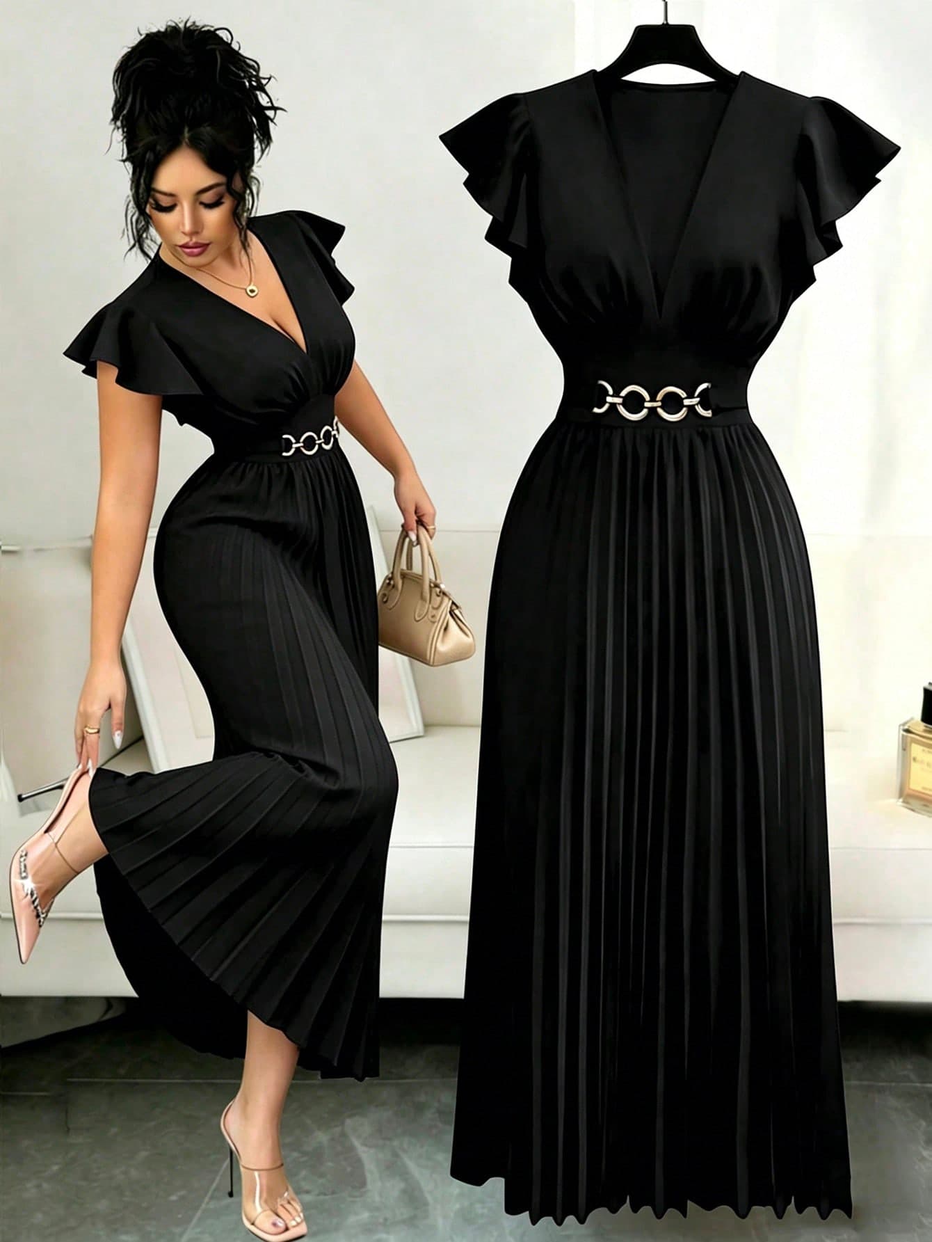 Elenzga New V-Neck Ruffle Sleeve Woven Solid Color Metal Decor Button Pleated Design Elegant Young Party Holiday Dinner Cocktail Maxi Dress For Women