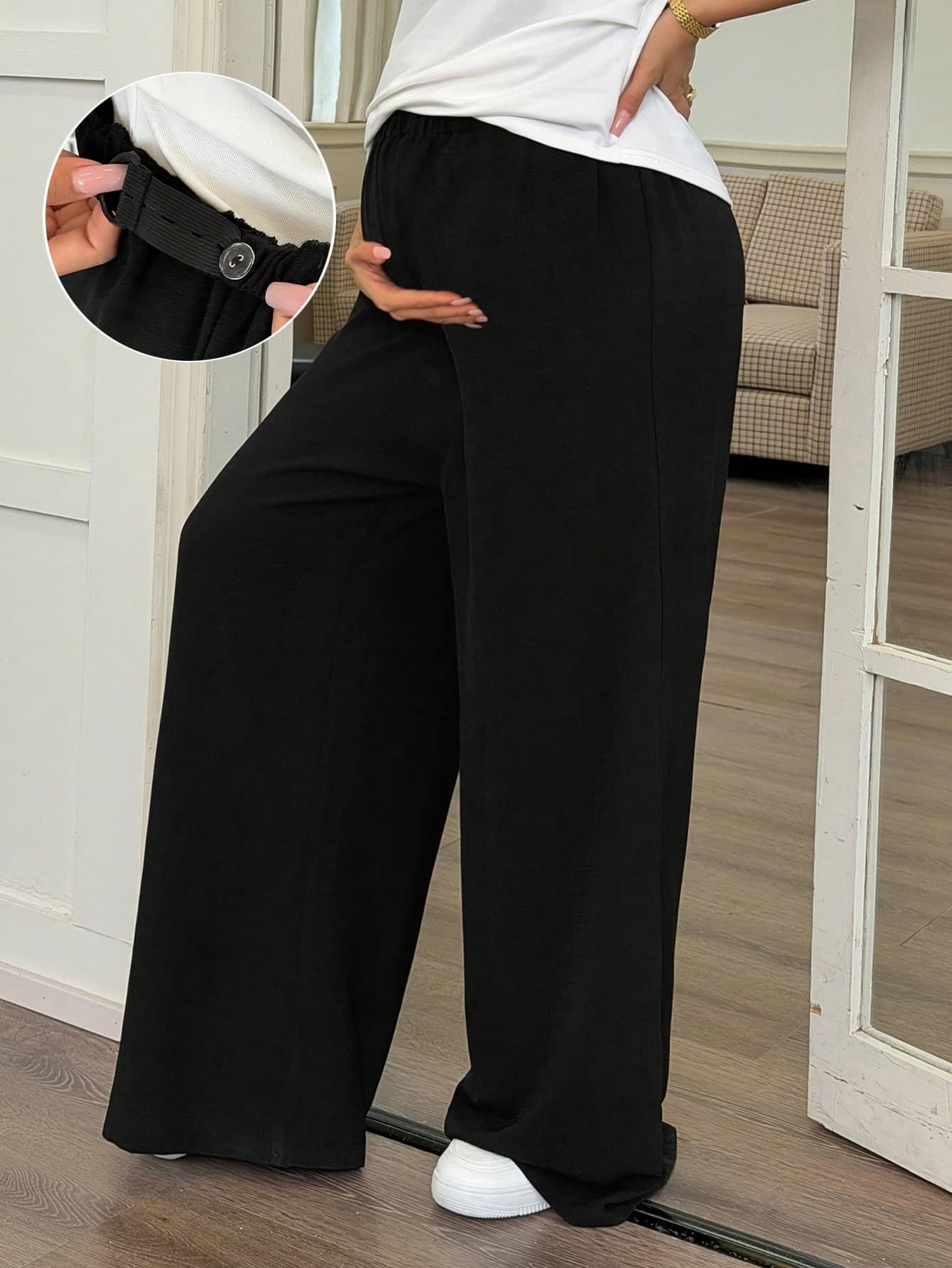 Dazy Maternity Adjustable Elastic Waist Loose Casual Black Pants, Versatile For Pregnant Women, Spring/Summer