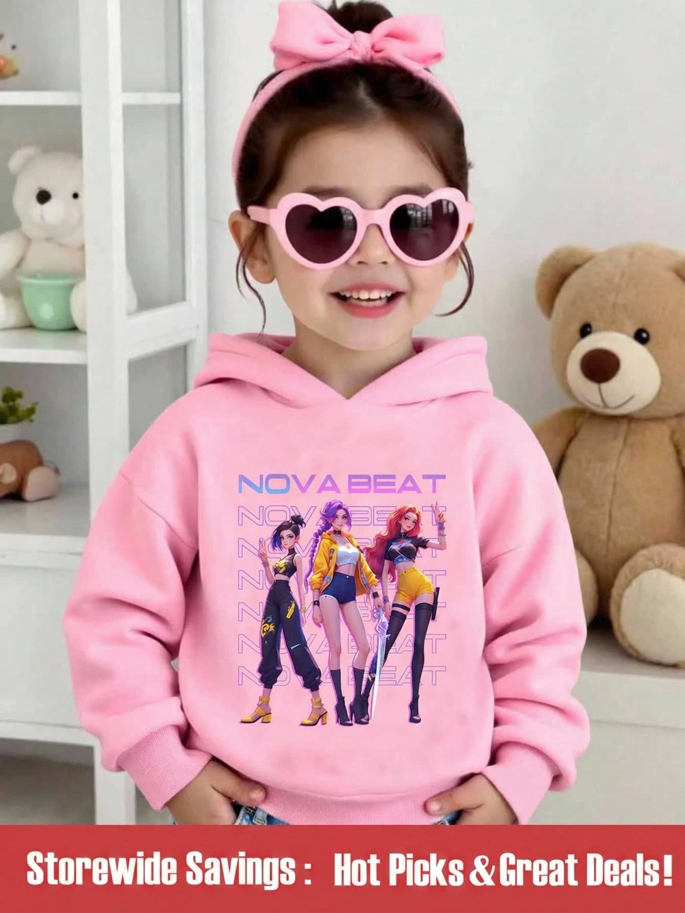 SHEIN Young Girl Cartoon Cute K-POP Letter Print Pink Sweatshirt Suitable For Autumn/Winter Back-To-School 7th Birthday