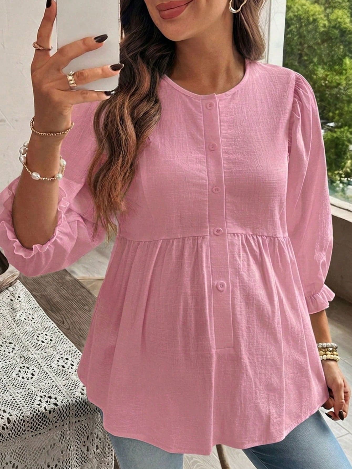 SHEIN Maternity Casual Button Flare Sleeve Round Neck Blouse Spring Baby Shower Fall
