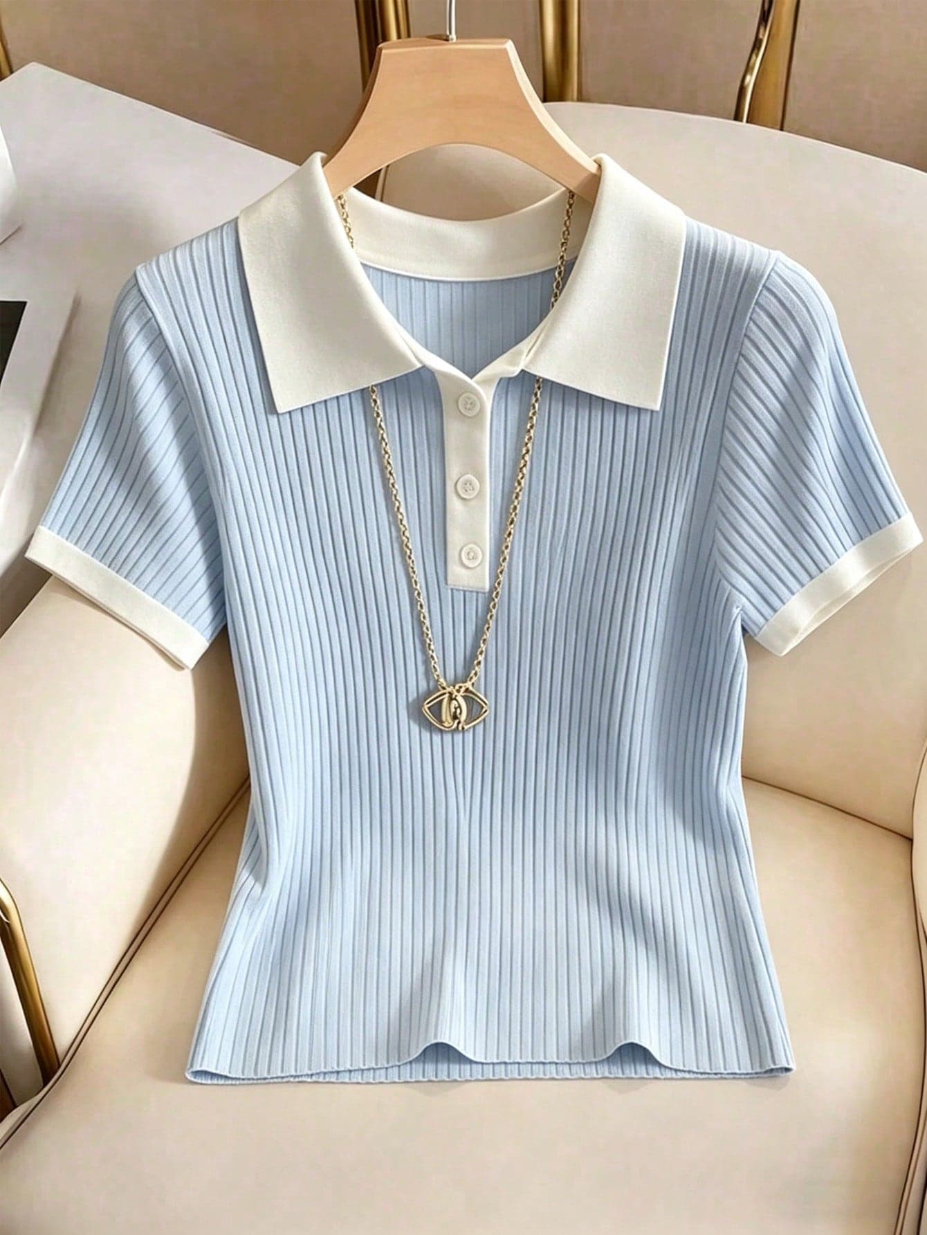 Franclia Women's Elegant And Classy Knitted Blue And White Polo Collar Short-Sleeved T-Shirt,Summer School Back-To-School Fashionable Simple White Cuffs Top