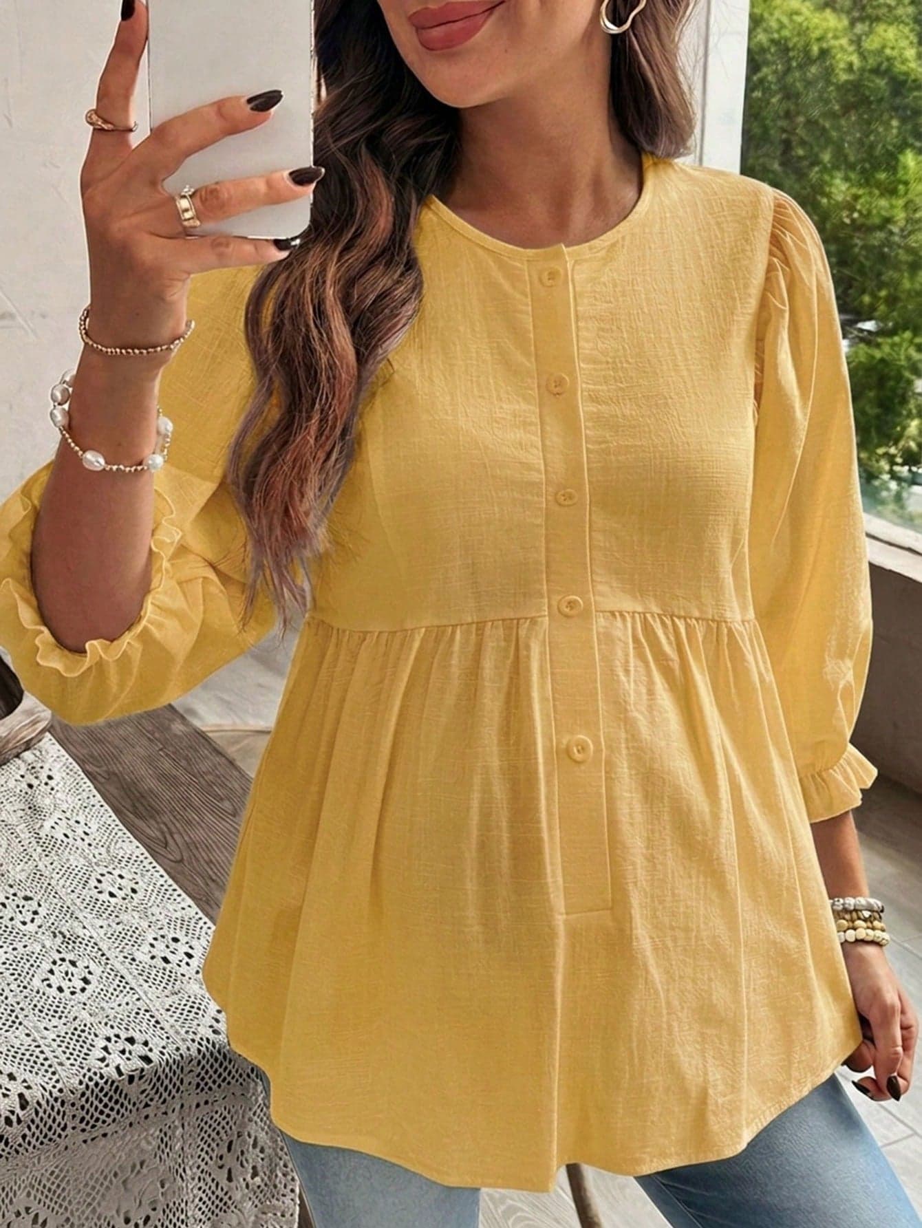 SHEIN Maternity Casual Solid Color 3/4 Sleeve Shirt Autumn Maternity Photoshoot Baby Shower Fall