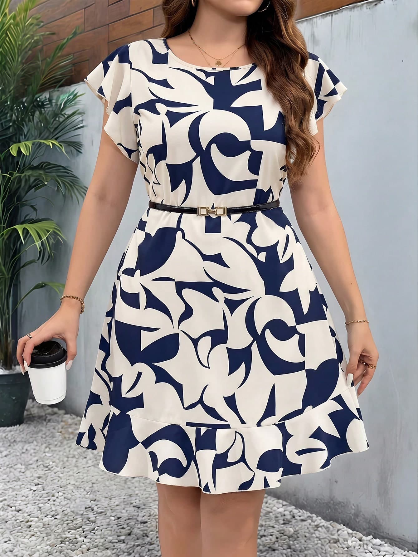 Reflora Plus Size Navy Blue Geometric Print Ruffle Trim Elegant Summer Dress For Women,Office Casual Retro Party Wedding Guest Graduation Vacation Dresses